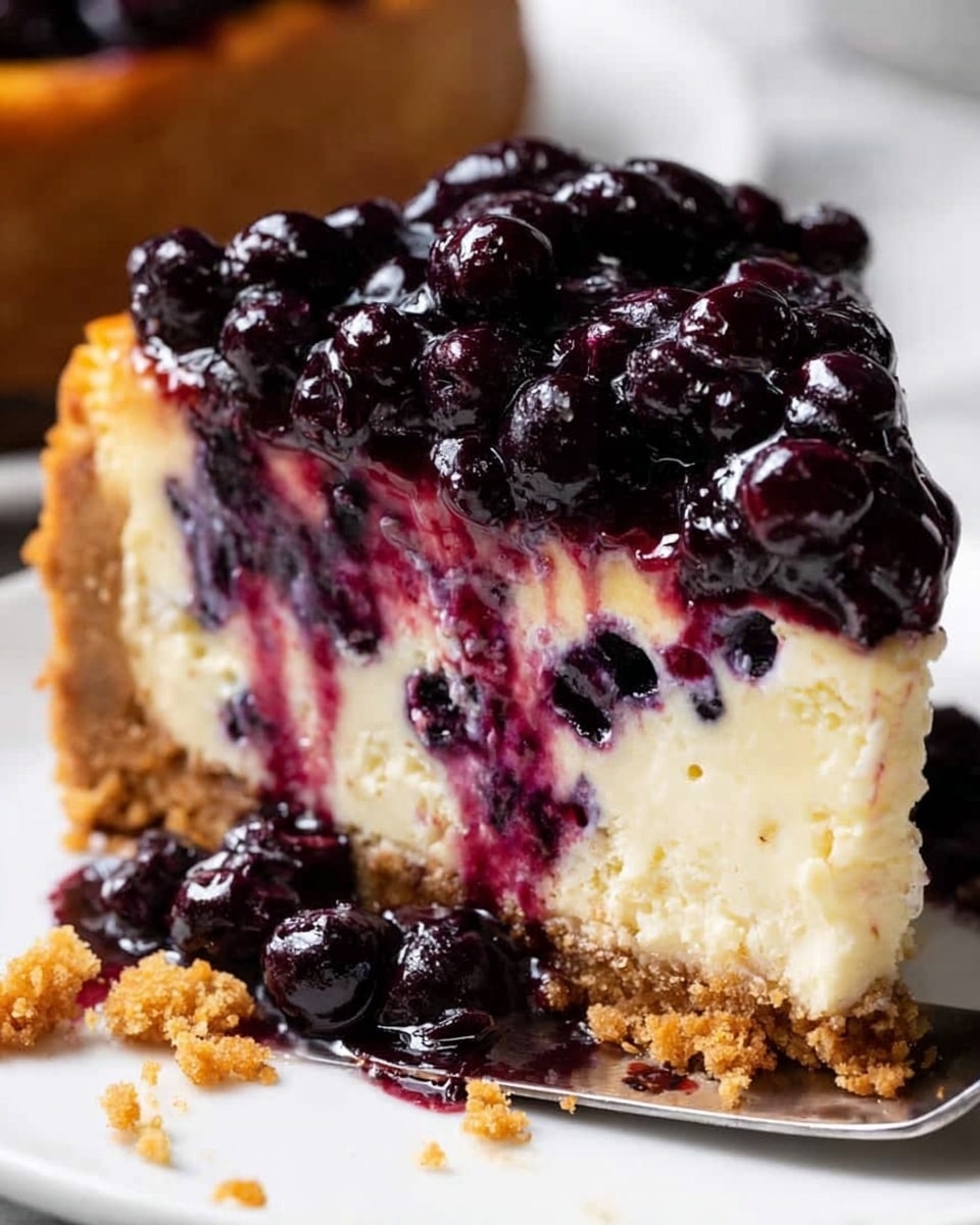 A thick slice of cheesecake sits on a white plate with a white marbled texture beneath it, displaying three main layers. The bottom layer is a rough-textured, golden-brown graham cracker crust that wraps up the sides. The middle layer is creamy and pale with visible spots of mixed berries inside, adding purple and red colors. The top layer is a shiny, deep purple and black glossy berry topping with whole berries and syrup dripping down the sides onto the plate, creating a rich and juicy look. Photo taken with an iphone --ar 4:5 --v 7