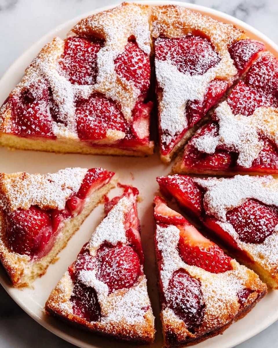 A sliced round strawberry cake sits on a white plate, placed on a white marbled surface. The cake has one visible layer with a light golden-brown baked texture. On top, there are whole and halved red strawberries partially embedded in the surface, dusted heavily with white powdered sugar, giving a snowy effect. The strawberry pieces create uneven red spots across the cake top, contrasting with the soft golden base. Some green strawberry leaves peek at the edges of the plate, adding a fresh touch. The image is bright and sharp, showing details of the cake’s soft crumb and juicy strawberries. photo taken with an iphone --ar 4:5 --v 7