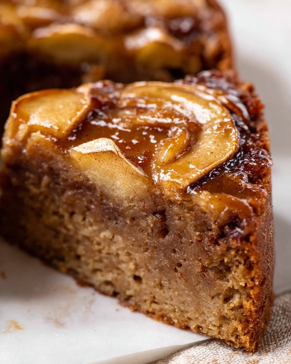 A close-up of a single thick slice of pie resting on a white marbled surface, showing three visible layers: a bottom dark brown crust that looks firm and slightly crumbly, a middle layer filled with soft, light brown filling which appears dense but moist, and a top layer made of thin apple slices coated in a shiny glaze with a warm golden-brown color and sprinkled with cinnamon, creating a glossy and slightly textured surface. The pie slice is positioned in front of the rest of the pie which is out of focus in the background. photo taken with an iphone --ar 4:5 --v 7