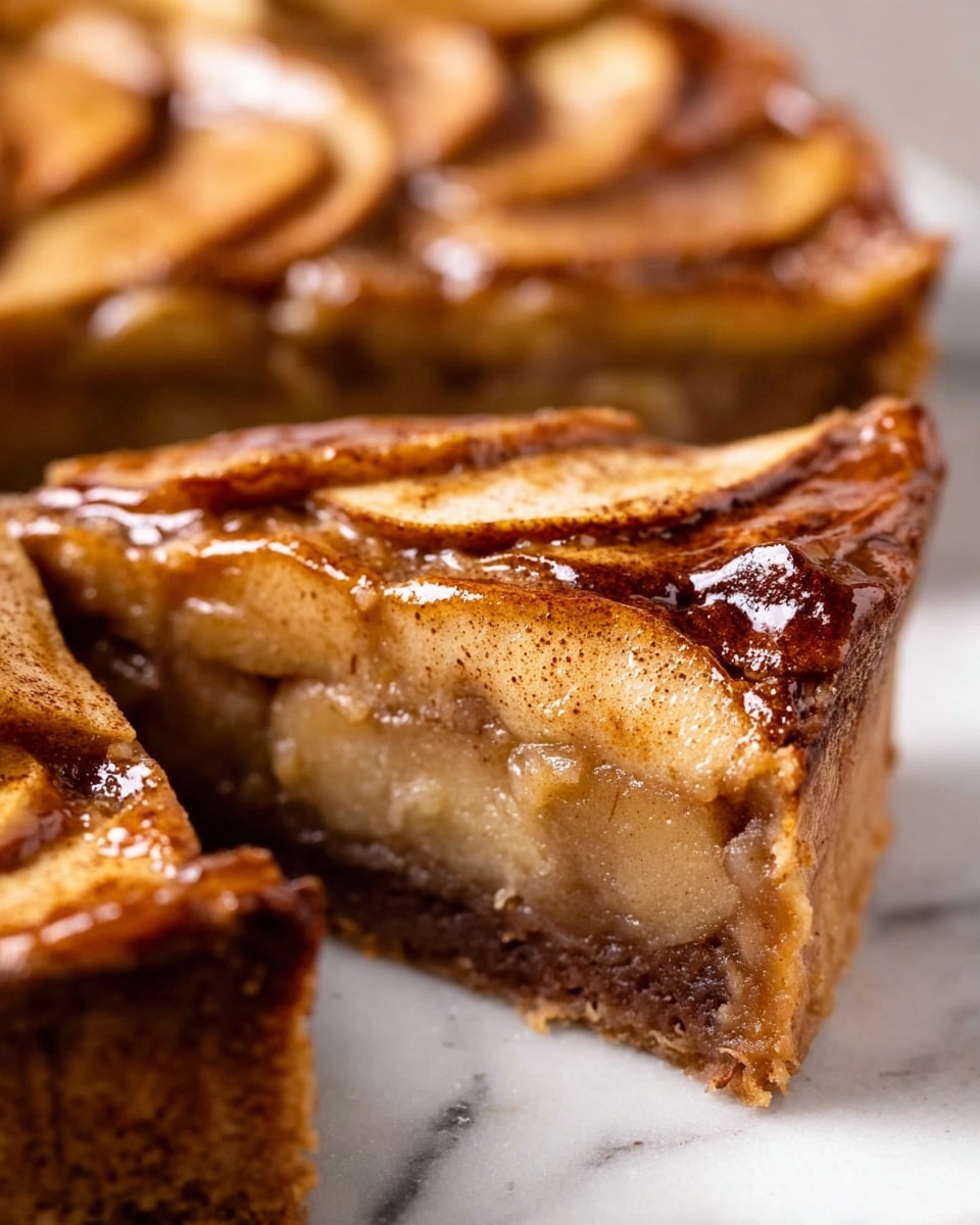 A close-up of a thick slice of apple cake with two visible layers; the bottom layer is a dense, moist brown cake with small darker spots, and the top layer has thin apple slices coated in a shiny, sticky caramel glaze with a golden-brown color and sprinkled cinnamon. The apple slices overlap slightly and are soft with a slightly wrinkled texture. The slice is set on a white surface with a bit of a textured cloth edge showing at the bottom right corner. Photo taken with an iphone --ar 4:5 --v 7