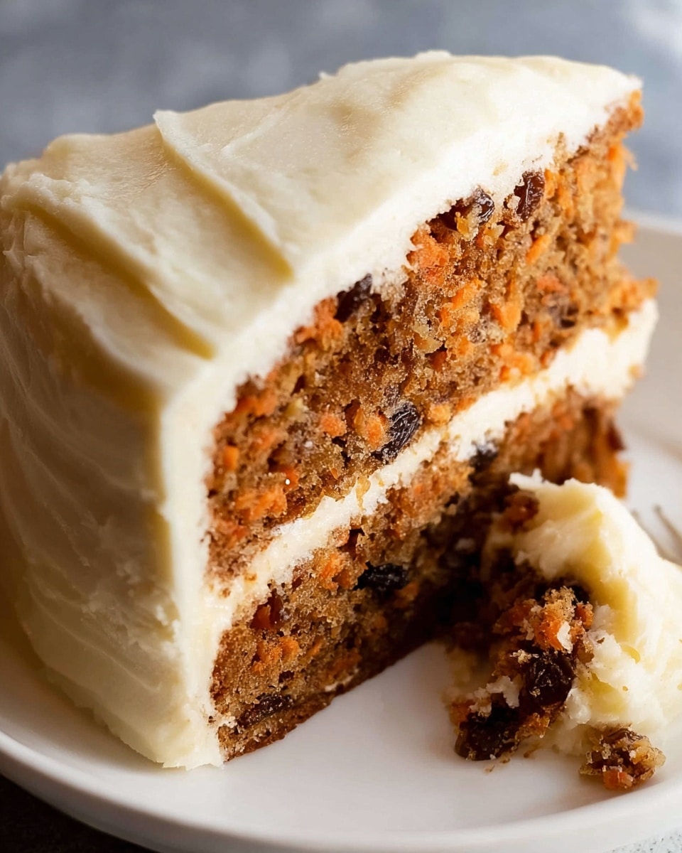 A close-up view of a two-layer carrot cake slice with a thick layer of cream cheese frosting between the brown, textured cake layers speckled with small dark bits and orange carrot pieces. The cake is fully covered in a smooth, creamy, off-white frosting that has subtle swirls on the top layer. The slice sits on a white plate with some crumbs visible around it, and the background shows a white marbled texture. Photo taken with an iphone --ar 4:5 --v 7