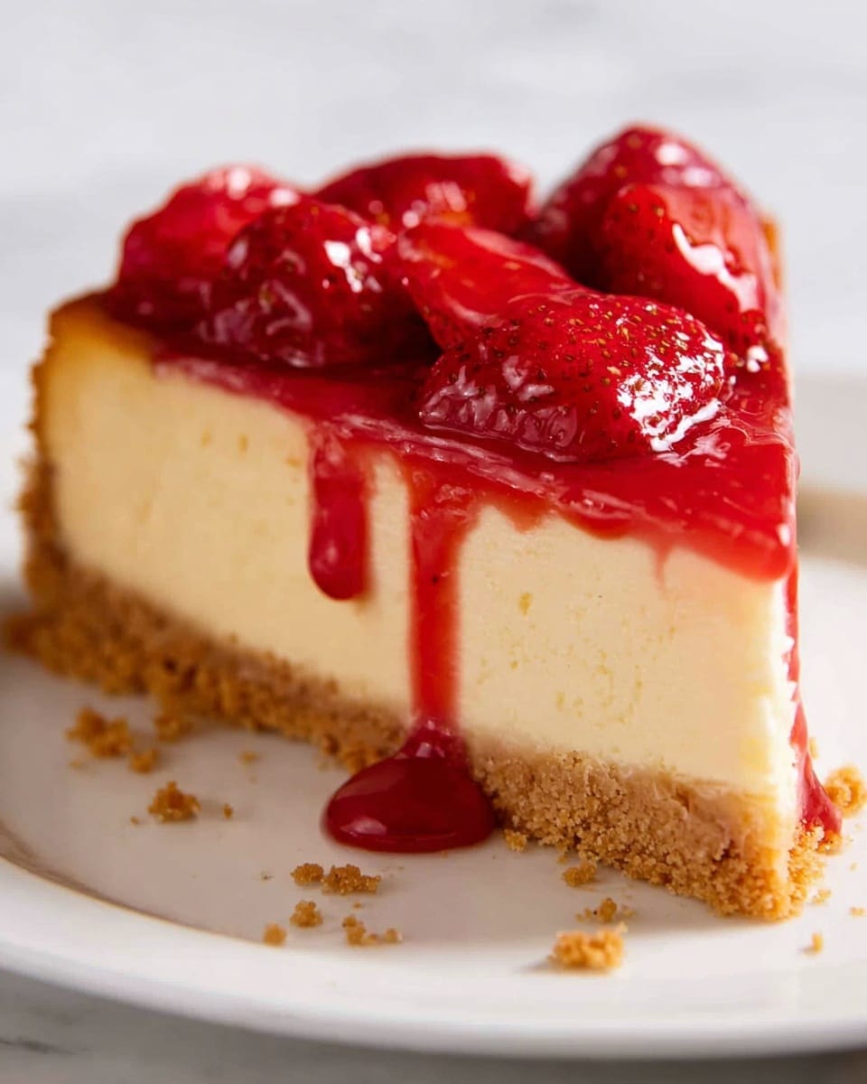 The image shows a close-up of a slice of cheesecake with three distinct layers. The bottom layer is a crumbly, golden-brown crust that holds the cheesecake together. The middle layer is a creamy, pale yellow cheesecake filling, smooth in texture and thick. On top of the cheesecake filling is a glossy red layer of strawberry topping, with whole strawberries covered in shiny, red glaze. Some strawberry sauce drips down the sides of the cheesecake. The cheesecake is placed on a white plate over a white marbled texture. Photo taken with an iphone --ar 4:5 --v 7