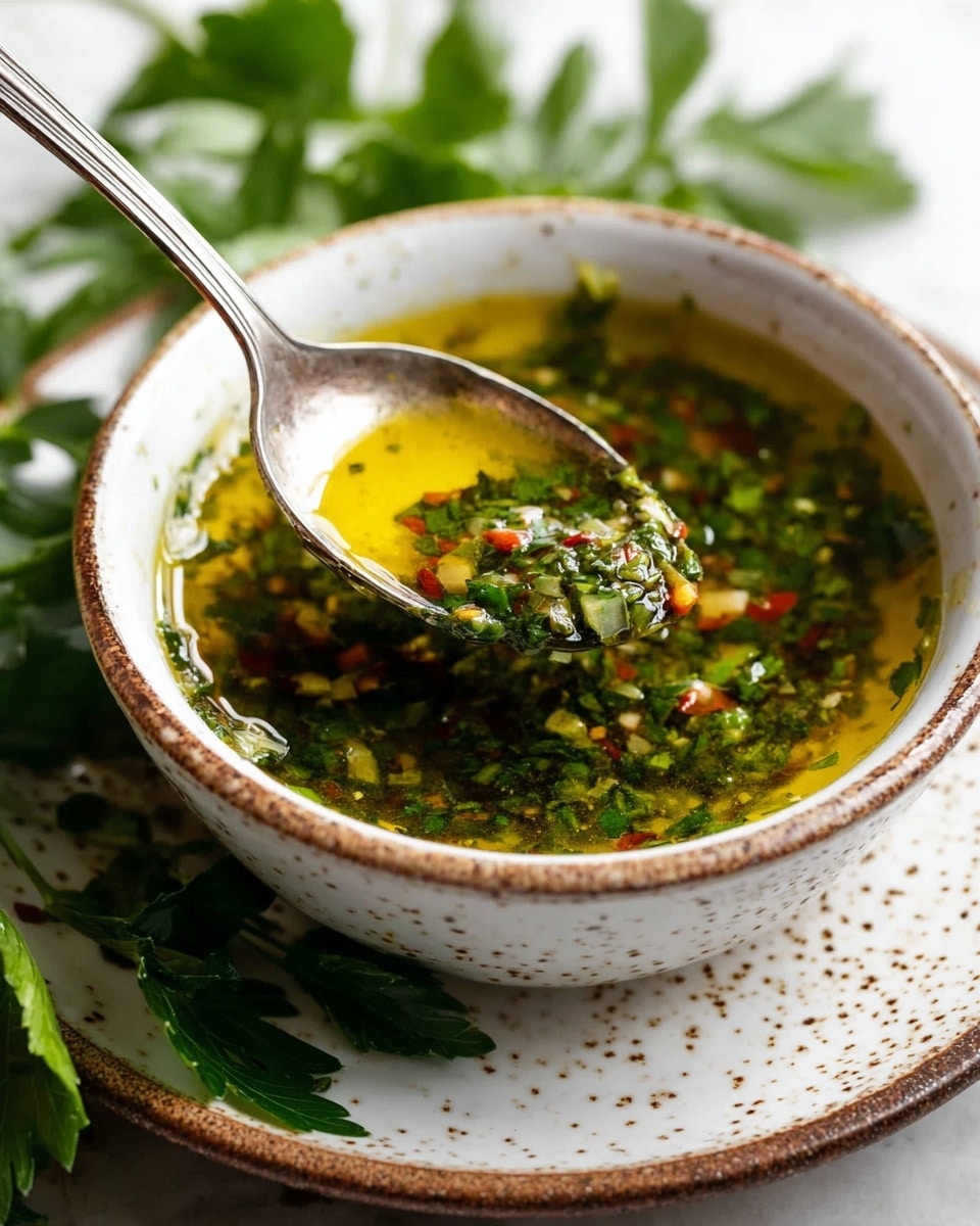 A close-up of a spoon lifting a green herb sauce from a white bowl with brown speckled edges, resting on a matching white saucer. The sauce is oily and glossy, filled with finely chopped green herbs, small bits of white and red ingredients, giving it a textured and fresh look. Bright green parsley leaves are around the bowl on the white marbled surface. The spoon is silver with subtle carved decorations, reflecting light softly. photo taken with an iphone --ar 4:5 --v 7