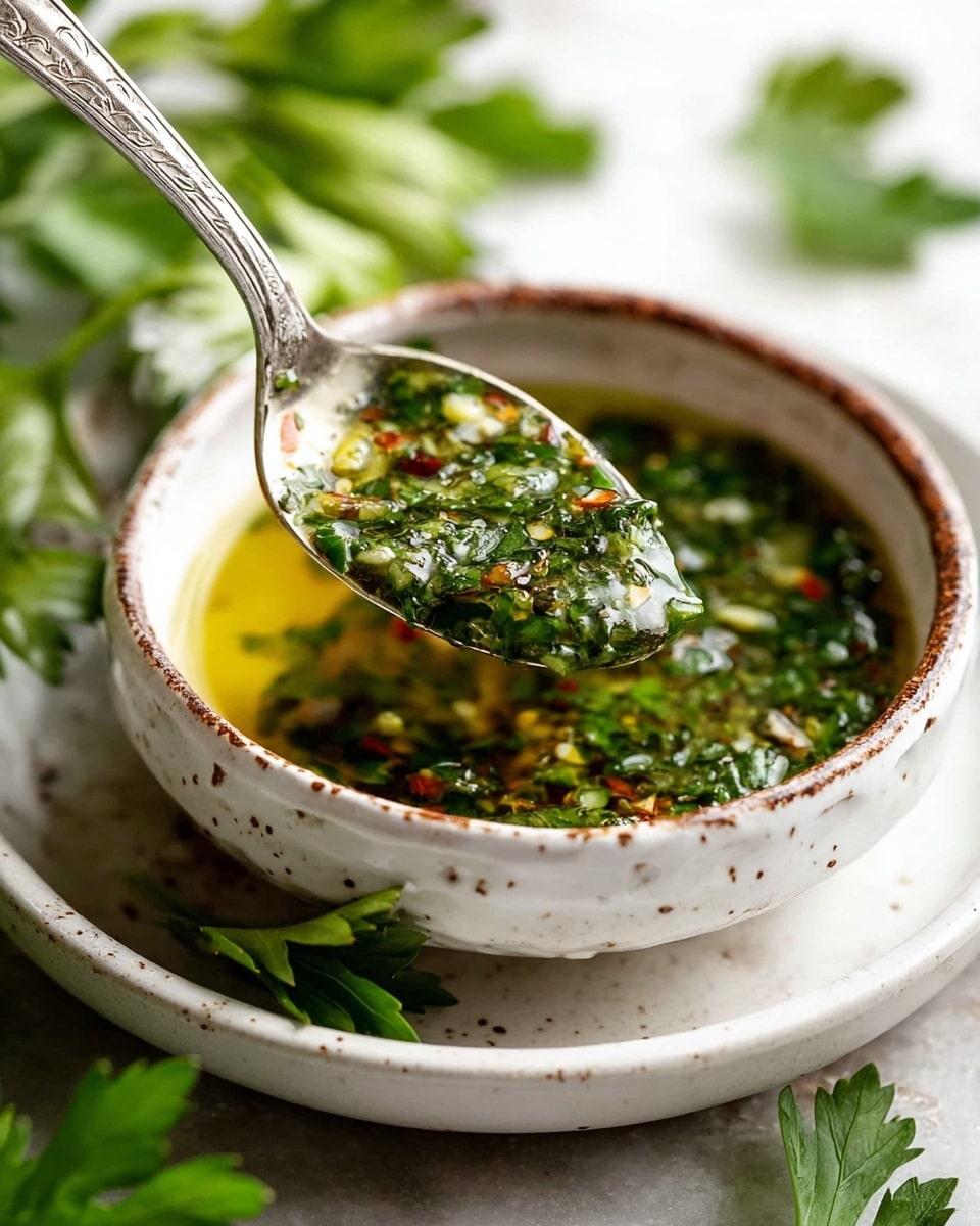 A close-up image of a white bowl with a speckled brown rim, filled with a bright green and yellow chimichurri sauce that has visible bits of herbs, red pepper, and garlic floating in the liquid. A silver spoon rests inside the bowl, lifting a spoonful of the sauce, showing its thick and slightly oily texture. The bowl is placed on a matching white plate with a speckled brown rim, and fresh green parsley leaves are scattered around on a white marbled surface in the background. The photo taken with an iphone --ar 4:5 --v 7