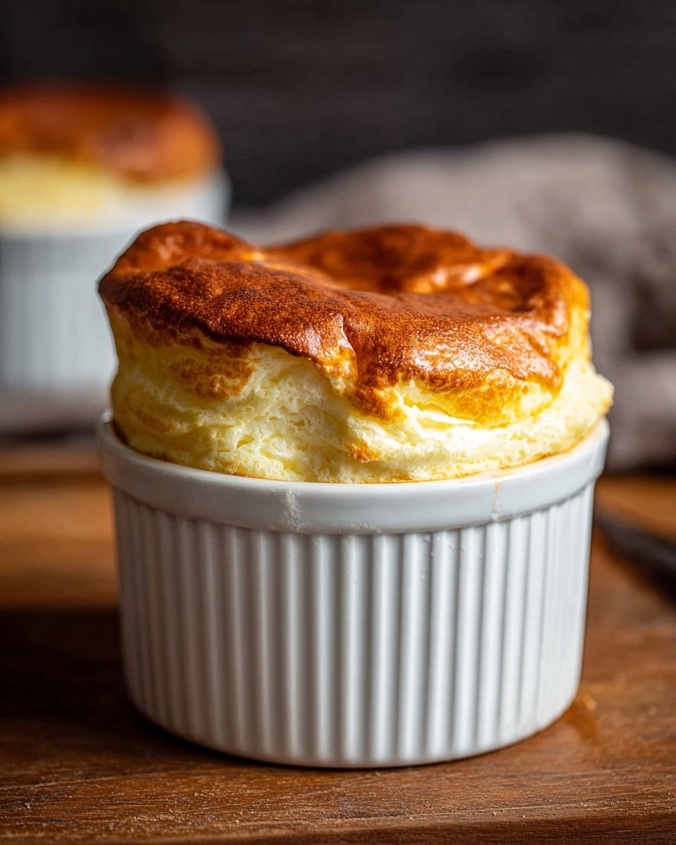 A golden brown soufflé with a puffy, slightly cracked top that rises well above the rim, sitting inside a white, ribbed ceramic ramekin. The soufflé shows a light, airy texture with a creamy pale yellow base layer topped by a darker, toasted layer of crispness that looks soft inside. The ramekin is placed on a wooden surface with a small part of a silver utensil visible to the right, all set against a blurred dark background. photo taken with an iphone --ar 4:5 --v 7