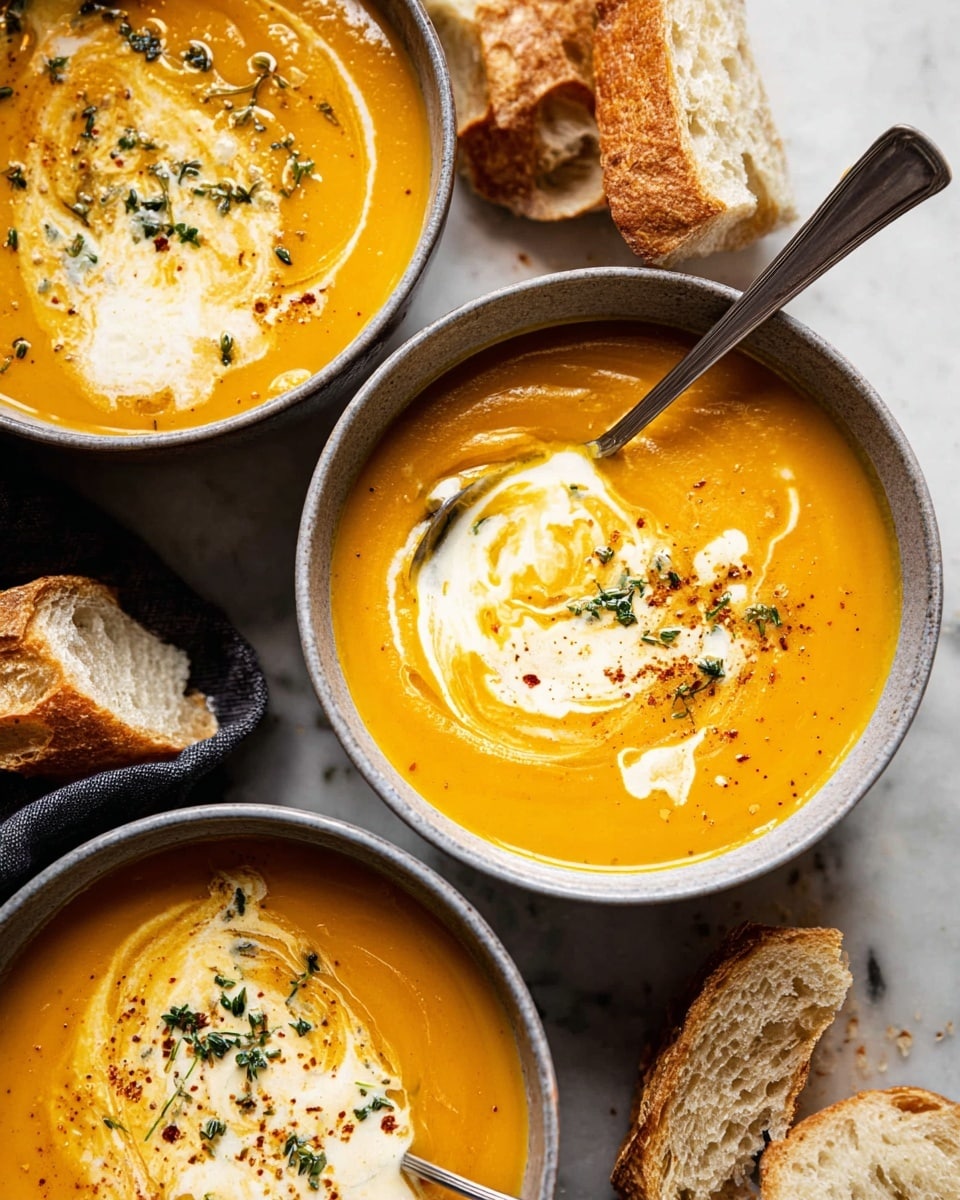 Three bowls of thick, creamy orange soup are shown on a white marbled texture. Each bowl is white with a subtle gray rim, filled with smooth soup topped with a swirl of white cream. The cream is sprinkled with small green herbs and black pepper, creating colorful contrast. One bowl has a silver spoon resting inside, slightly submerged in the soup. Pieces of crusty bread with a golden-brown crust lie near the bowls on the white marbled texture. Photo taken with an iphone --ar 4:5 --v 7