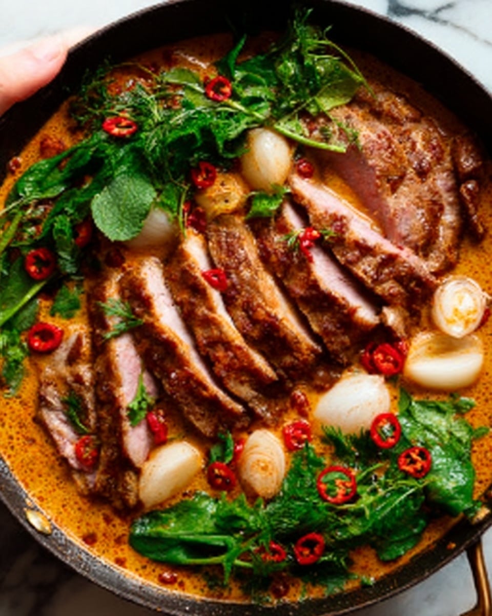 A close-up view of a cast iron pan filled with a rich, creamy curry. The dish has several layers: at the bottom, there is a smooth, orange-brown curry sauce with visible spices. On top, there are evenly sliced pieces of golden-brown cooked duck breast arranged in a fan shape across the center. Scattered around the duck are fresh green herbs and whole red chili slices adding bright pops of color. Several soft-boiled quail eggs with slightly runny yolks are partially submerged in the sauce. The pan sits on a white marbled surface. Photo taken with an iphone --ar 4:5 --v 7