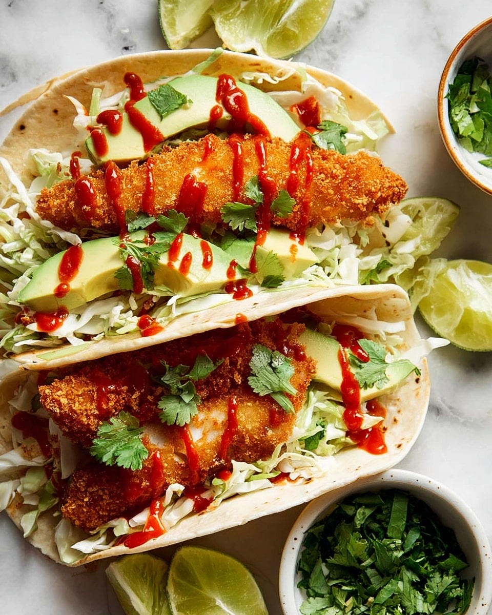 The image shows two tacos on a white marbled surface, each with three main layers. The base layer is a soft white tortilla that holds all the fillings. On top of the tortilla, there is a layer of light green avocado slices and shredded light green cabbage, adding a fresh and crunchy texture. The main layer consists of a golden brown, crispy fried fish fillet drizzled with red hot sauce and sprinkled with chopped green cilantro. Around the tacos, there are lime wedges, some extra golden fried pieces, and a small white bowl with more chopped cilantro in the background. Photo taken with an iphone --ar 4:5 --v 7