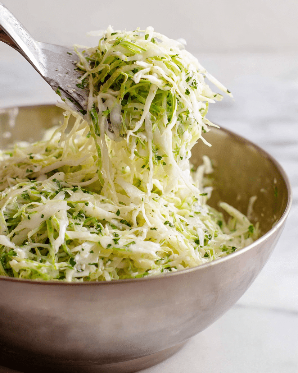 A close-up view of a stainless steel bowl filled with fresh, thinly shredded green cabbage mixed with small pieces of chopped herbs, coated lightly with a creamy white dressing. Silver tongs are lifting a tangled heap of the cabbage salad, showing the stringy texture and creamy coating clearly. The background and surface are a white marbled texture. photo taken with an iphone --ar 4:5 --v 7