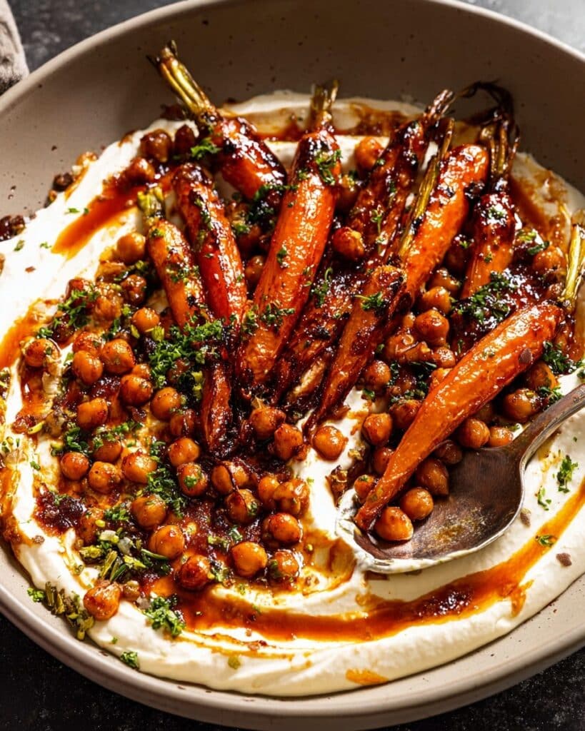 Spicy Maple Roast Carrots with Crispy Chickpeas and Yogurt Sauce Recipe
