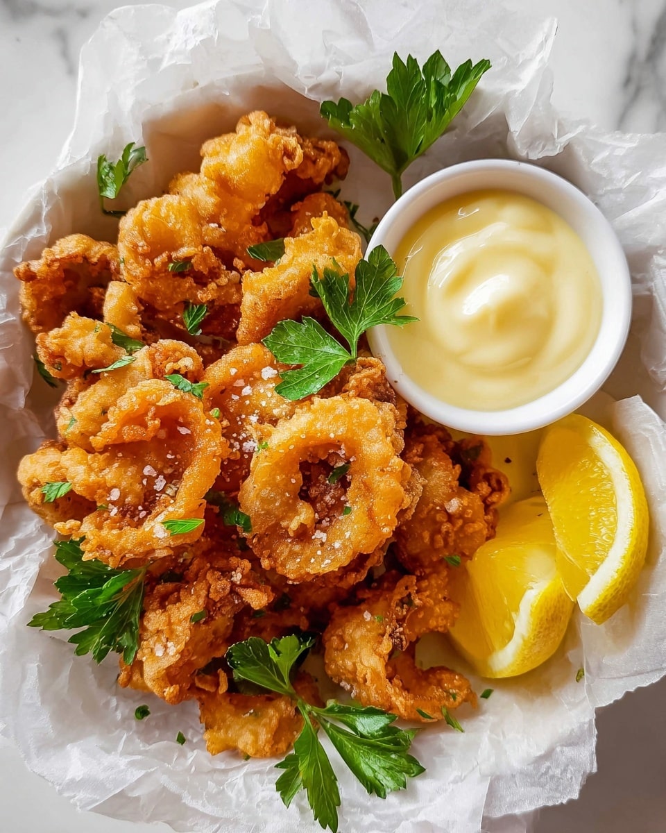 A white paper-lined basket filled with golden brown, crispy fried calamari rings, showing a crunchy texture with some coarse salt sprinkled on top. Fresh bright green parsley leaves are placed around the calamari along with two thick lemon wedges on the left side. A small white bowl filled with creamy pale yellow dipping sauce sits inside the basket, with one piece of calamari dipped into the sauce. The whole setup is on a white marbled surface. photo taken with an iphone --ar 4:5 --v 7