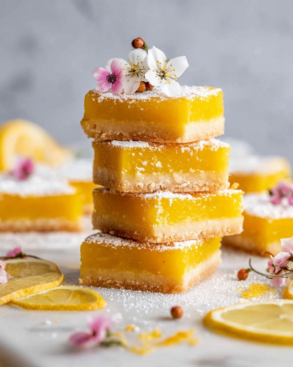 A stack of four lemon bars sits in the center on a white marbled surface, each bar showing two layers: a bright yellow glossy lemon top layer with a smooth texture, and a light golden brown crumbly base. Powdered sugar is sprinkled on top, adding a soft white dusting. Small white and pink flowers with tiny brown berries decorate the top bar and are scattered around the base, along with thin lemon slices placed near the bars. Photo taken with an iphone --ar 4:5 --v 7