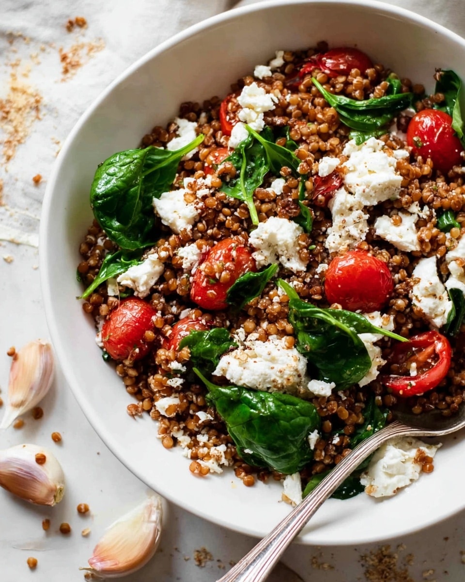 A white bowl filled with a layered salad starting with a base of small, round, dark brown lentils, mixed throughout with scattered bright red roasted cherry tomatoes and fresh dark green spinach leaves. On top, there are soft, white crumbles of cheese spread unevenly for texture contrast. A silver spoon rests inside the bowl, partially submerged in the mix. The background shows a white marbled surface with natural light highlighting the fresh ingredients. Photo taken with an iphone --ar 4:5 --v 7