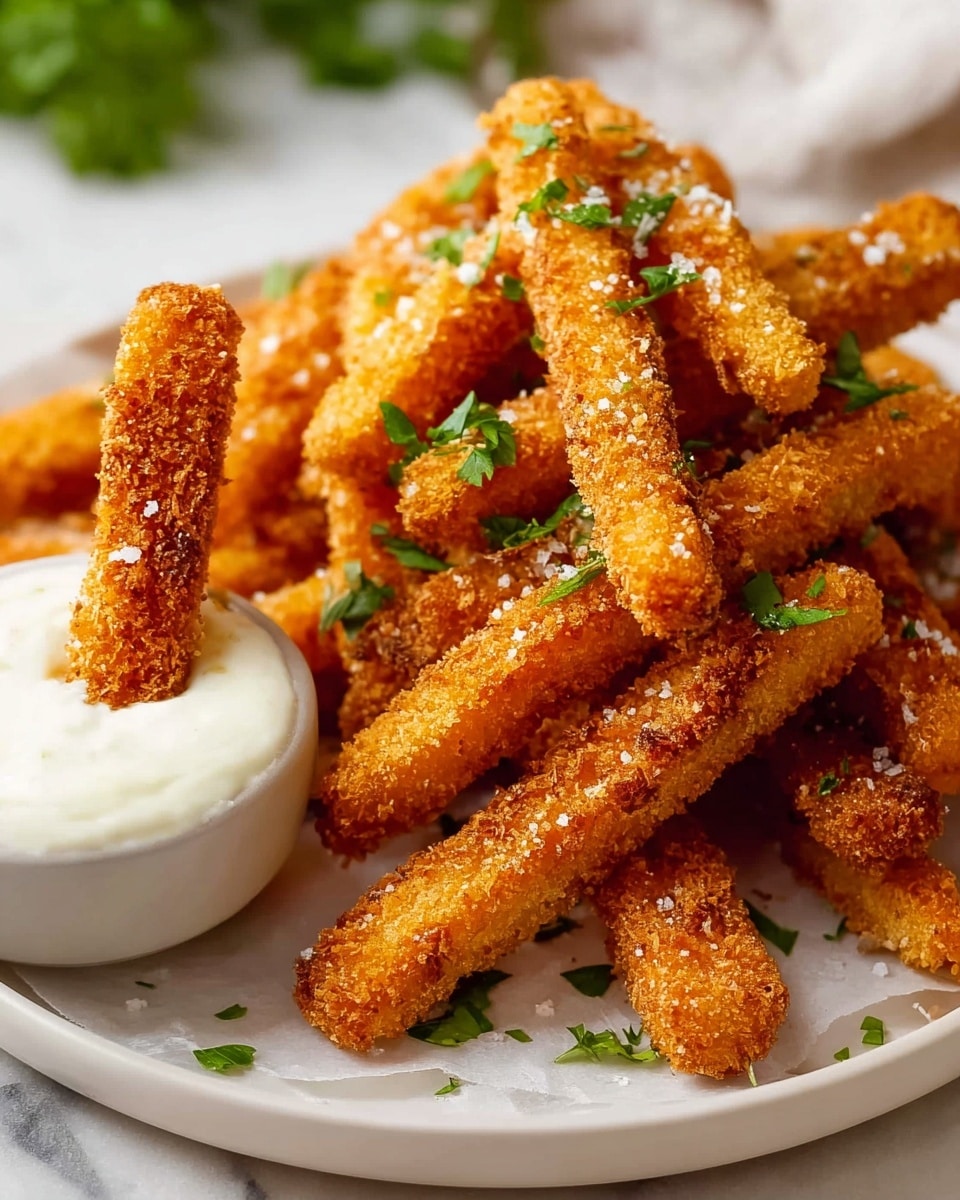 A pile of crispy, golden-brown fried sticks with a rough texture, sprinkled lightly with coarse salt, is arranged on a white marbled surface. Bright green parsley leaves are scattered on and around the sticks, adding a fresh touch of color. To the left, a small white bowl holds creamy white dip, with one fried stick partially dipped inside. The scene has a warm, inviting look that highlights the crunchy texture of the sticks and the smoothness of the dip. photo taken with an iphone --ar 4:5 --v 7