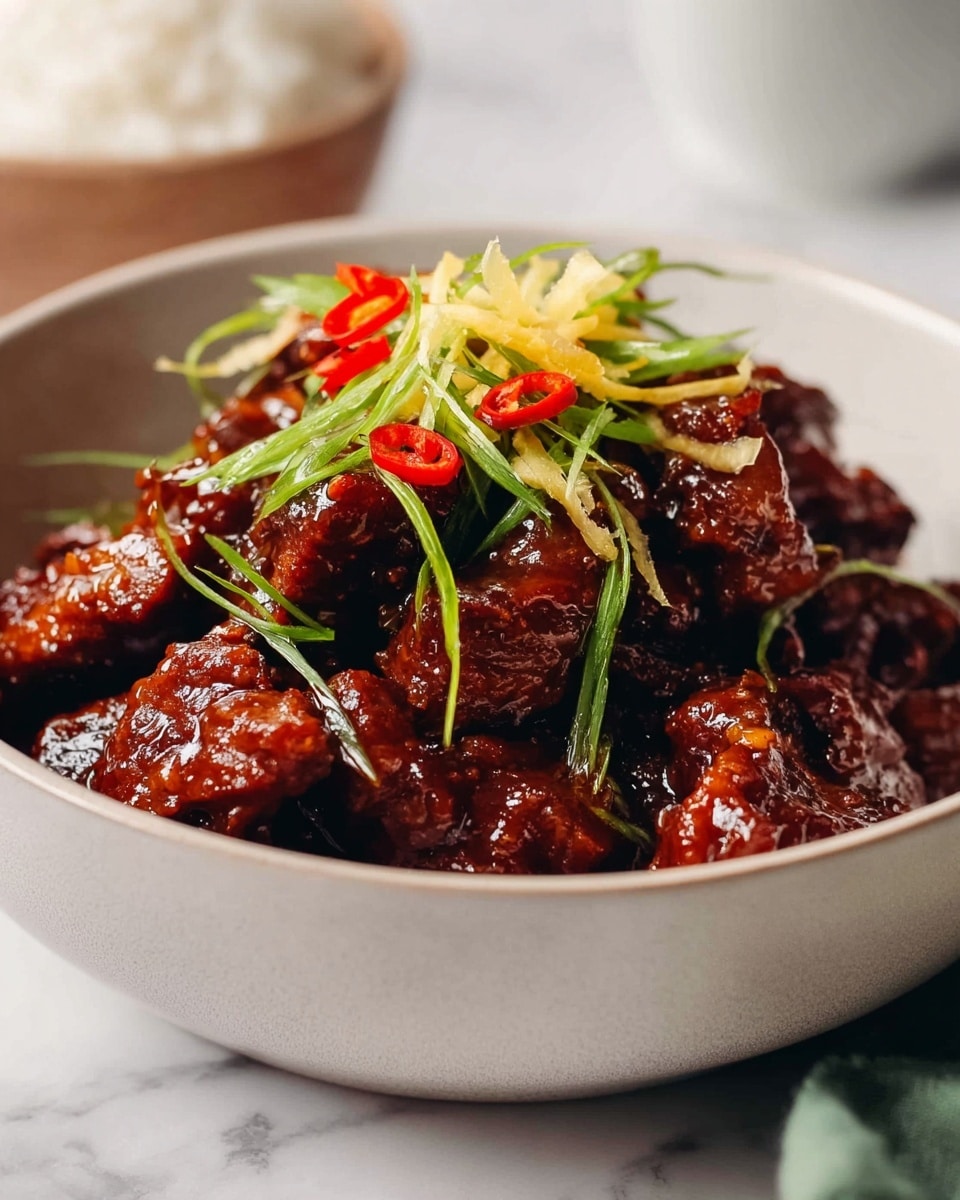 The image shows a white bowl filled with glossy dark brown braised chicken pieces, coated in a thick sauce, piled high in the center. The chicken is garnished with thin loops of bright green scallions and delicate strips of pale yellow ginger, adding fresh color and texture on top. There are also small bright red chili slices nestled among the garnish. The bowl sits on a white marbled surface, and the soft background includes a blurred white bowl with rice and a spoon. photo taken with an iphone --ar 4:5 --v 7