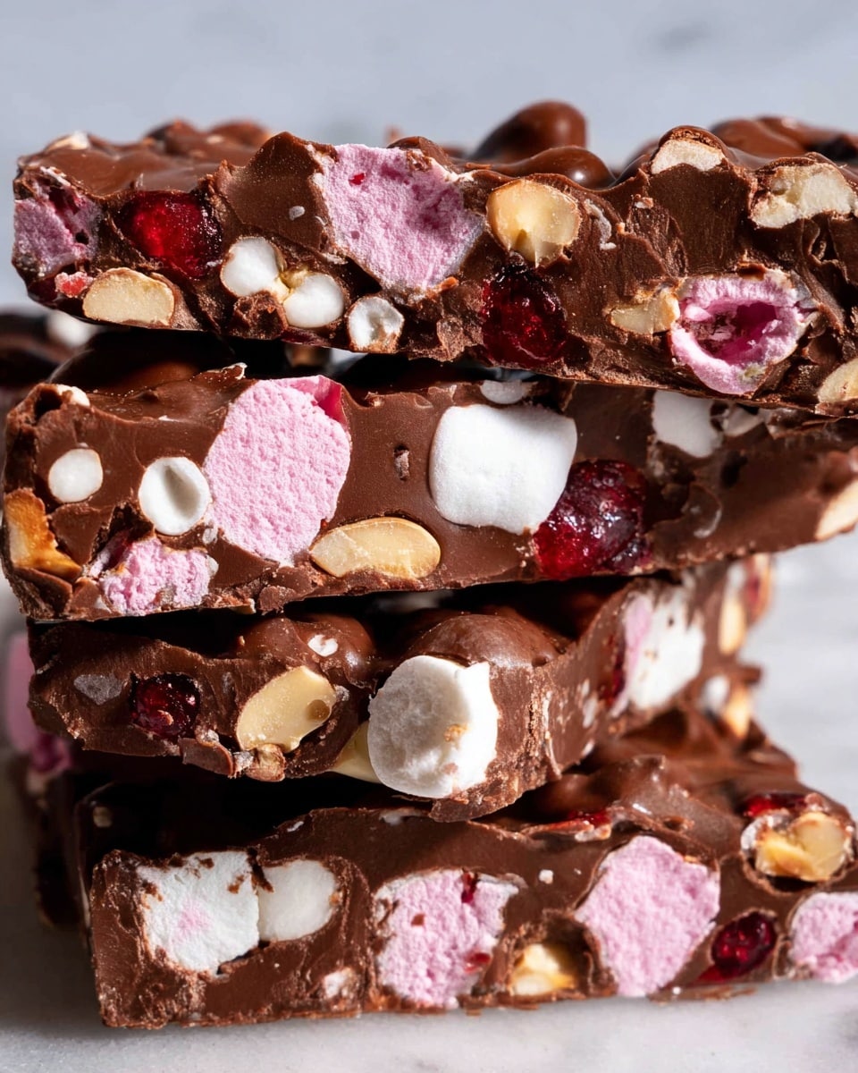 A close-up image of several thick, rectangular chocolate bars stacked unevenly on a white marbled surface. Each bar has three visible layers: a rich dark brown chocolate base, chunky white and pink marshmallow pieces embedded within, and small nut fragments scattered throughout. The texture of the chocolate looks smooth with some rough nut shapes protruding, while the marshmallows inside appear soft and fluffy. The bars are shown at various angles, emphasizing the inside cross-section filled with colorful marshmallows and nuts. photo taken with an iphone --ar 4:5 --v 7