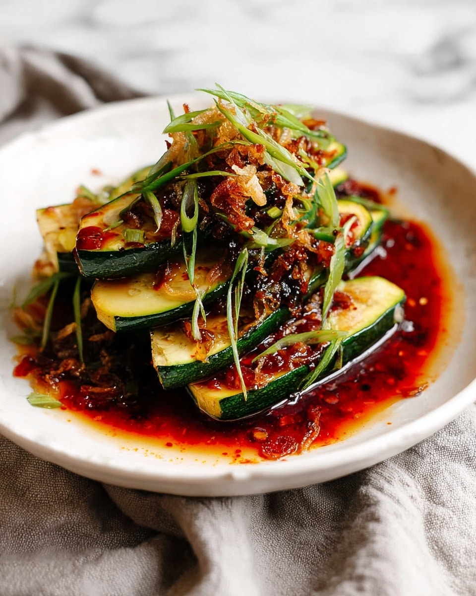 The dish shows a white plate filled with several layers of grilled zucchini slices, each slice showing green skin and light yellow inside. The zucchini is stacked in a slightly uneven pile with a dark red, glossy sauce drizzled heavily over every layer, pooling around the edges of the plate. On top of the zucchini, there is a generous sprinkle of crispy fried shallots that are golden brown, mixed with thinly sliced green onions adding a fresh green touch. The background is a white marbled surface with a soft gray cloth partially visible. Photo taken with an iphone --ar 4:5 --v 7