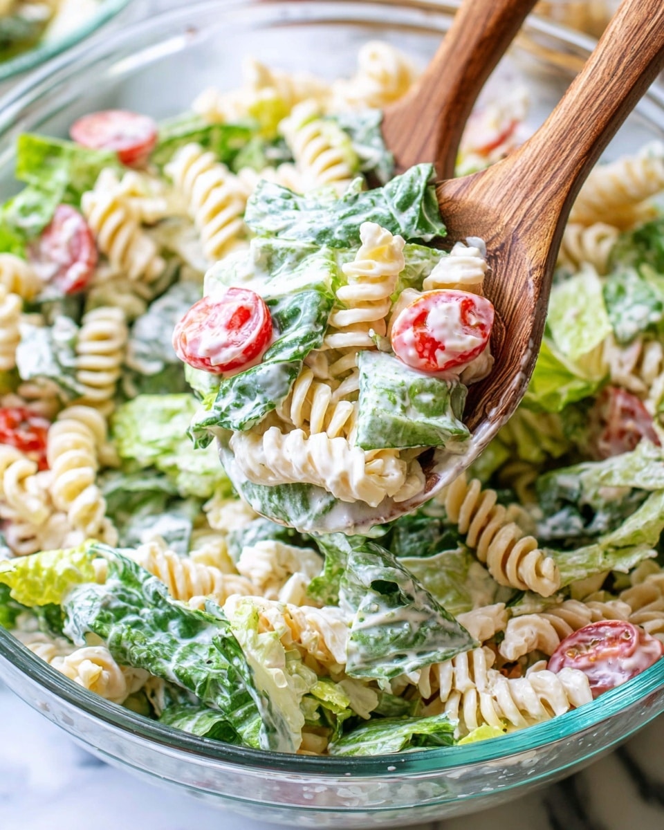 A close-up of a white bowl filled with a creamy pasta salad featuring a mix of three layers: spiral pasta that is light yellow and smooth, fresh green romaine lettuce leaves coated in a white creamy dressing, and bright red cherry tomato halves. The ingredients are well mixed, held together with wooden salad spoons lifting a portion, showing the textures of firm pasta, crisp lettuce, and juicy tomatoes. The background is a white marbled surface, adding a clean and fresh feel to the image. Photo taken with an iphone --ar 4:5 --v 7