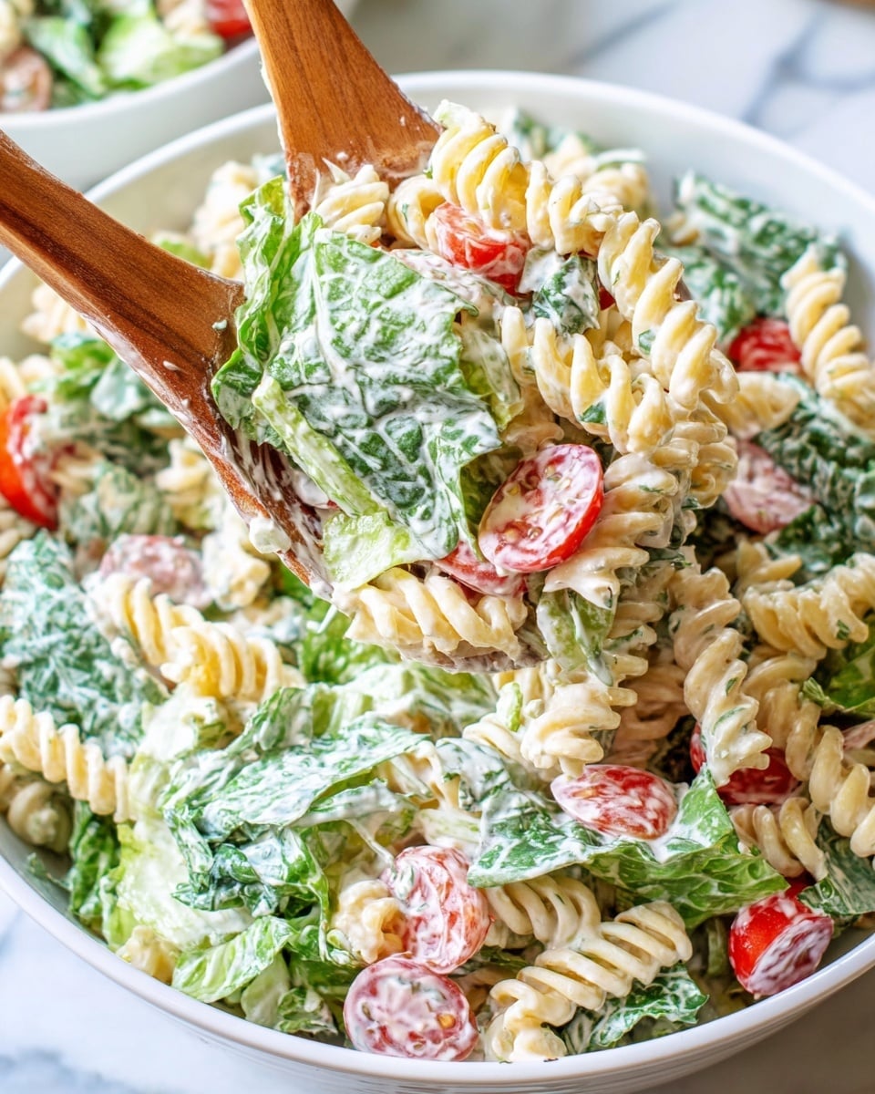 A close-up view of a fresh pasta salad being lifted by wooden salad spoons, showing three main layers: creamy white dressing coating light beige spiral pasta, bright green leafy lettuce with a slightly glossy texture, and small pieces of red cherry tomatoes scattered throughout. The salad is in a clear glass bowl on a white marbled surface, with layers of pasta and vegetables mixed evenly. The lighting is bright and natural, highlighting the fresh ingredients and glossy creamy texture of the dressing. photo taken with an iphone --ar 4:5 --v 7