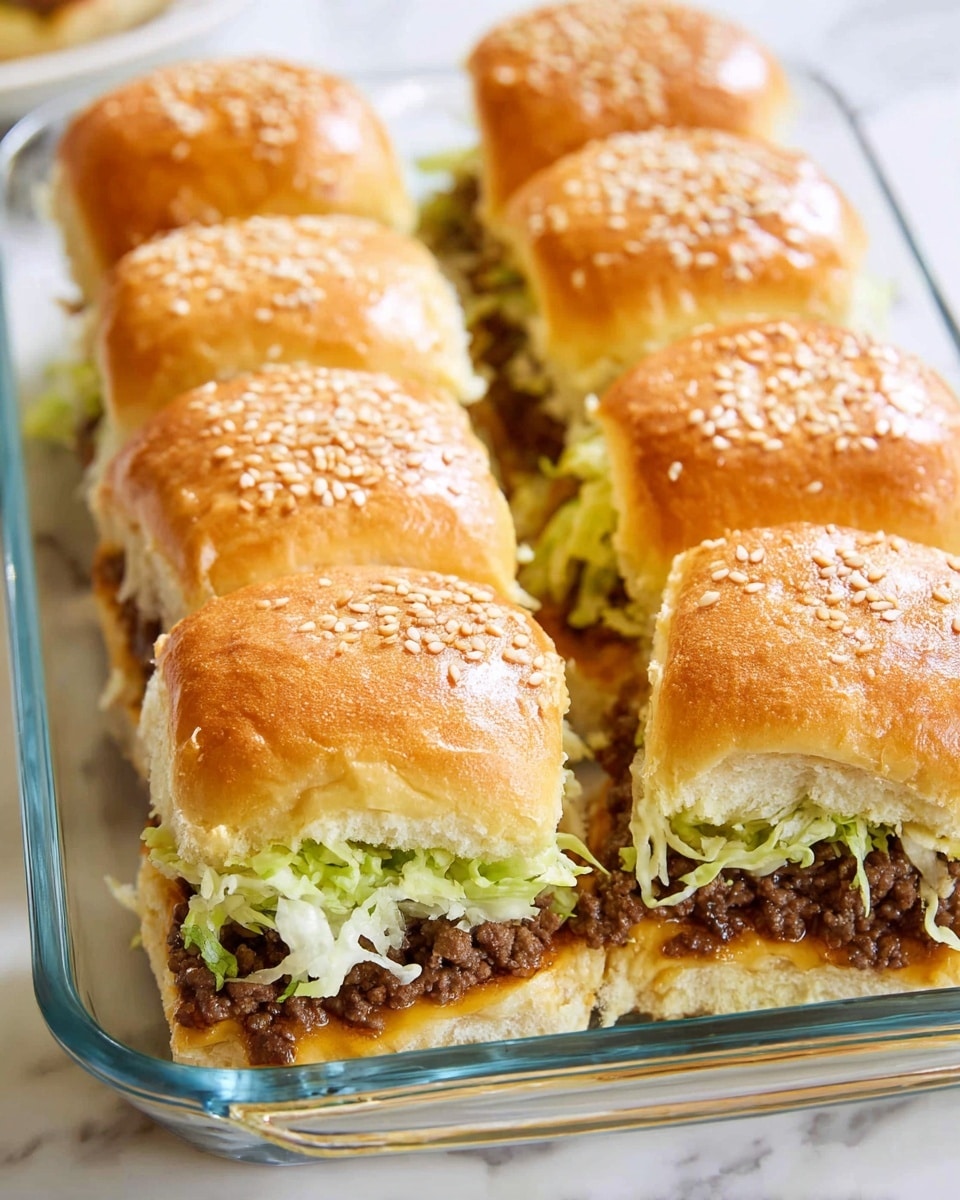 A close-up of nine small sandwiches arranged in a clear glass dish, each sandwich made with three visible layers: a glossy golden brown top bun sprinkled with sesame seeds, a middle layer of shredded pale green lettuce mixed with white creamy sauce, and a bottom layer of cooked ground beef with a slightly crumbly texture, resting on a soft golden bread base. The sandwiches are tightly packed, showing a mix of textures from soft bread to crisp lettuce and dense meat. The background is a white marbled texture. photo taken with an iphone --ar 4:5 --v 7