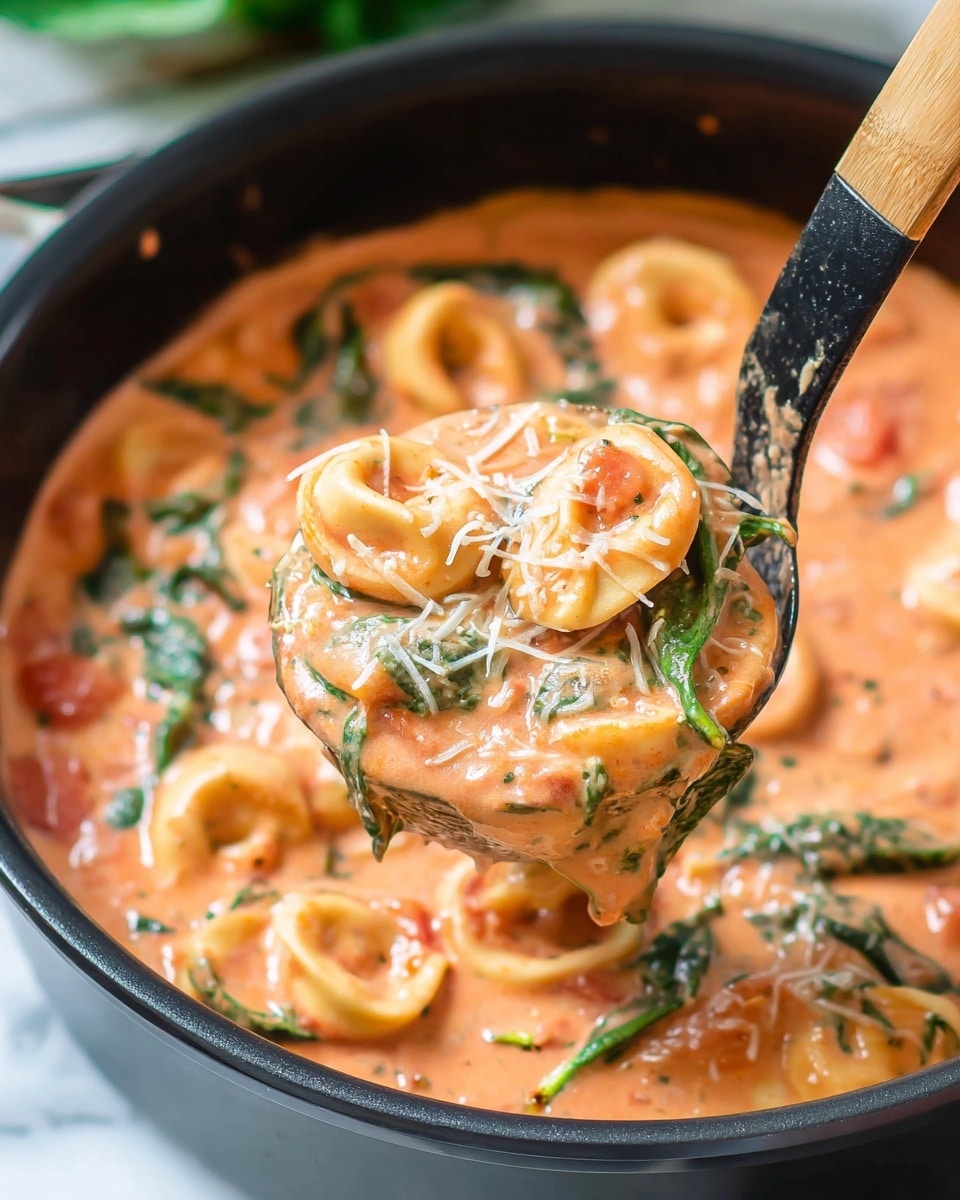 A close-up of a black spoon with a wooden handle holding a creamy, pink tomato sauce with spinach leaves and small round pieces of tortellini pasta. The sauce has visible shredded cheese on top, and the tortellini appear soft with a slightly yellow color. The background shows more of the sauce in a pot, mixed with bright green spinach leaves and dotted with the same pinkish creamy texture. The whole scene is set against a white marbled texture. Photo taken with an iphone --ar 4:5 --v 7