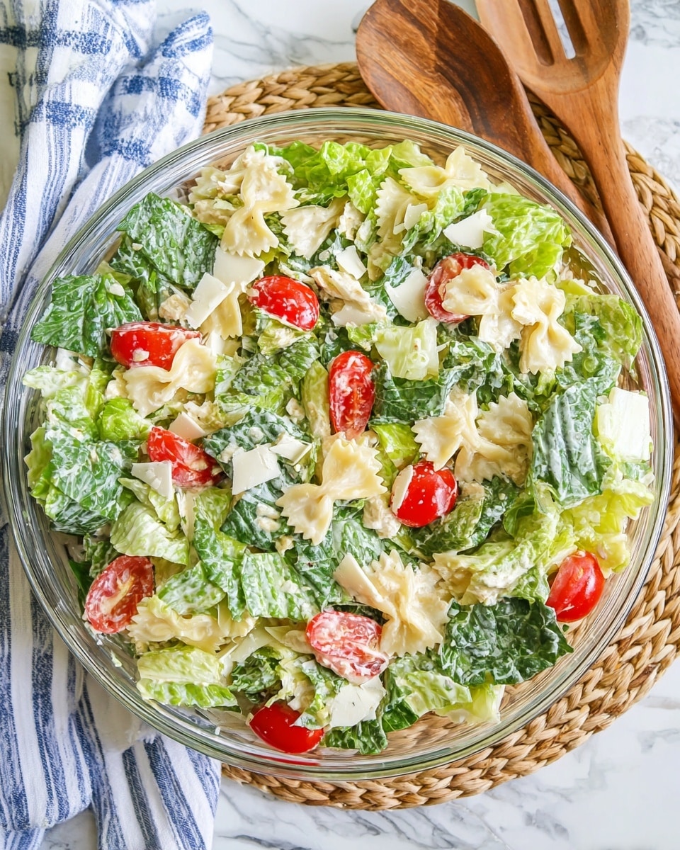 The image shows a clear glass bowl filled with a fresh salad on a white marbled surface. The salad has three main layers: at the bottom, there are pale yellow bowtie pasta pieces; the middle layer consists of bright green romaine lettuce leaves coated lightly with creamy white dressing; scattered throughout are small, shiny, red cherry tomato halves. Shavings of off-white Parmesan cheese and small pieces of white grilled chicken are spread on top. A blue and white striped cloth and wooden salad utensils are placed next to the bowl. Photo taken with an iphone --ar 4:5 --v 7