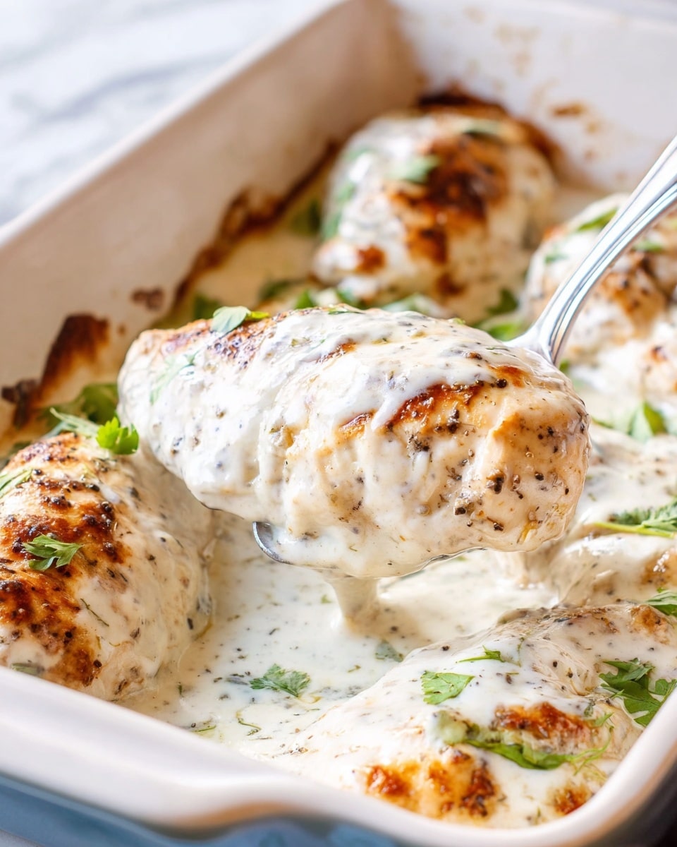The image shows a white ceramic baking dish filled with two large pieces of chicken covered in thick, creamy white sauce with black pepper flakes. The top of the chicken pieces is browned and slightly charred in spots, giving a textured golden and dark brown crust. Fresh green herbs, likely parsley, are sprinkled on top as garnish. A metal spoon is partially inserted under one chicken piece, lifting it slightly, and the dish is placed on a white marbled surface. photo taken with an iphone --ar 4:5 --v 7