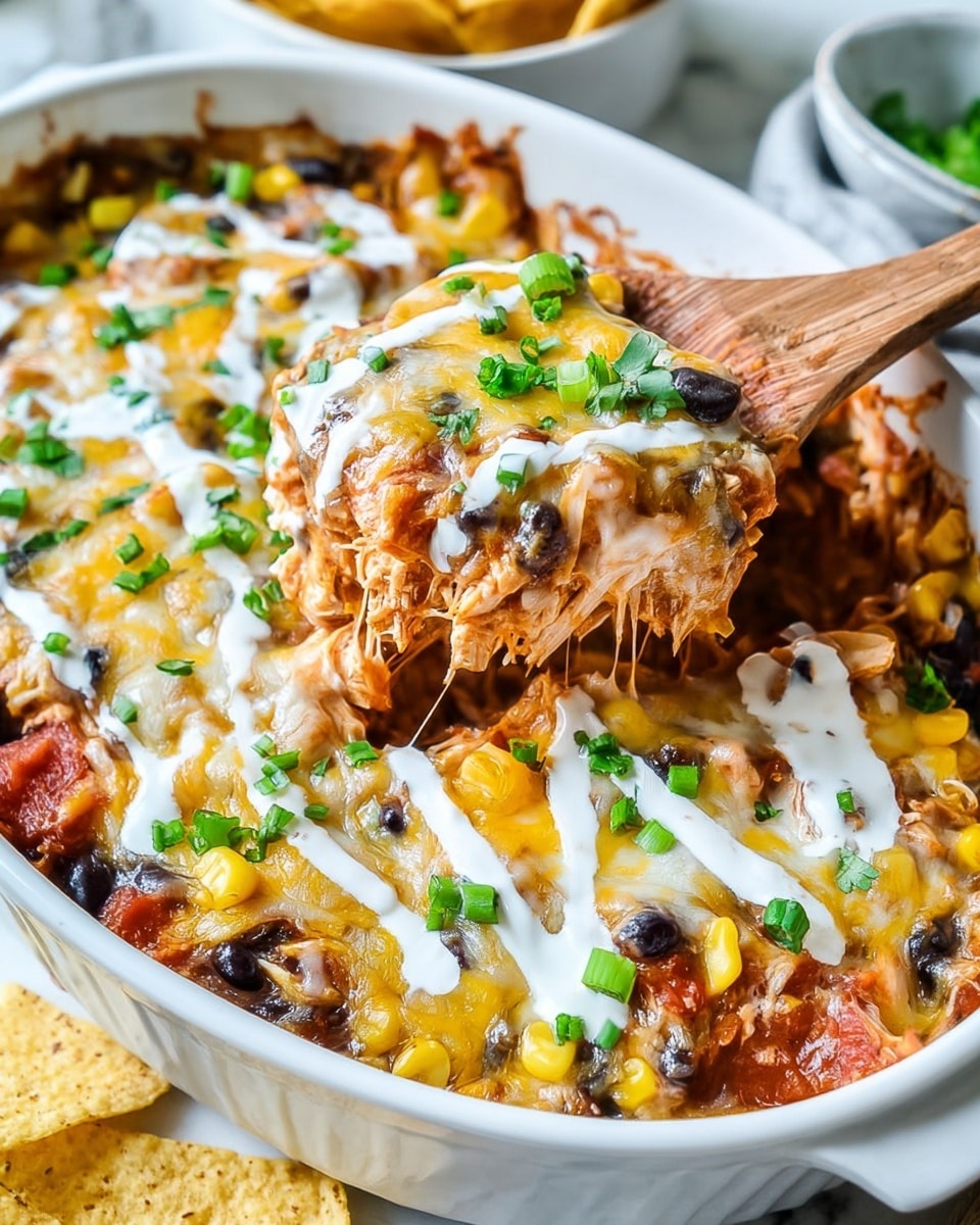 The image shows a white oval dish filled with a layered baked casserole. The bottom layer consists of a mixed filling with shredded chicken, black beans, corn, and bits of tomato, all covered by a thick layer of melted yellow and white cheese. The top layer has drizzled white sour cream in parallel lines and is sprinkled with fresh green chopped scallions. A wooden spoon lifts a portion from the dish, showing a gooey mix of gooey cheese and filling. The setting is on a white marbled surface with some yellow tortilla chips and a clove of garlic visible in the background. photo taken with an iphone --ar 4:5 --v 7