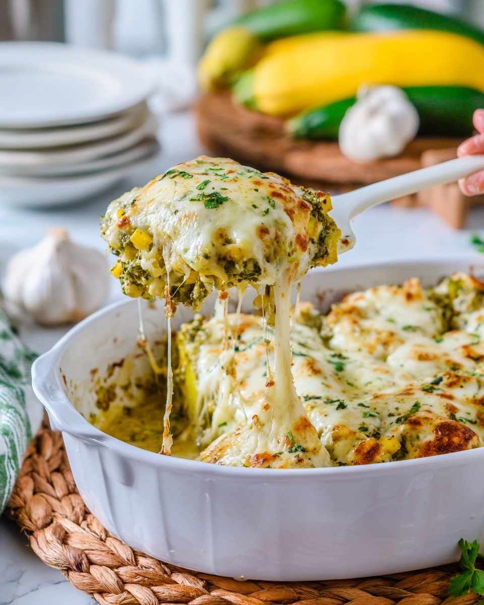 A white baking dish holds a cheesy baked zucchini casserole being lifted with a white serving spatula. The casserole has three visible layers: a bottom green sauce layer with a smooth texture, a middle mixed layer showing chunks of green zucchini and herbs, and a thick white cheese topping layer that is melted and slightly browned, with gooey cheese strings stretching as it is lifted. Fresh green parsley is sprinkled on top, adding a bright contrast. The background features blurred zucchini, yellow squash, and garlic on a white marbled surface. Photo taken with an iphone --ar 4:5 --v 7