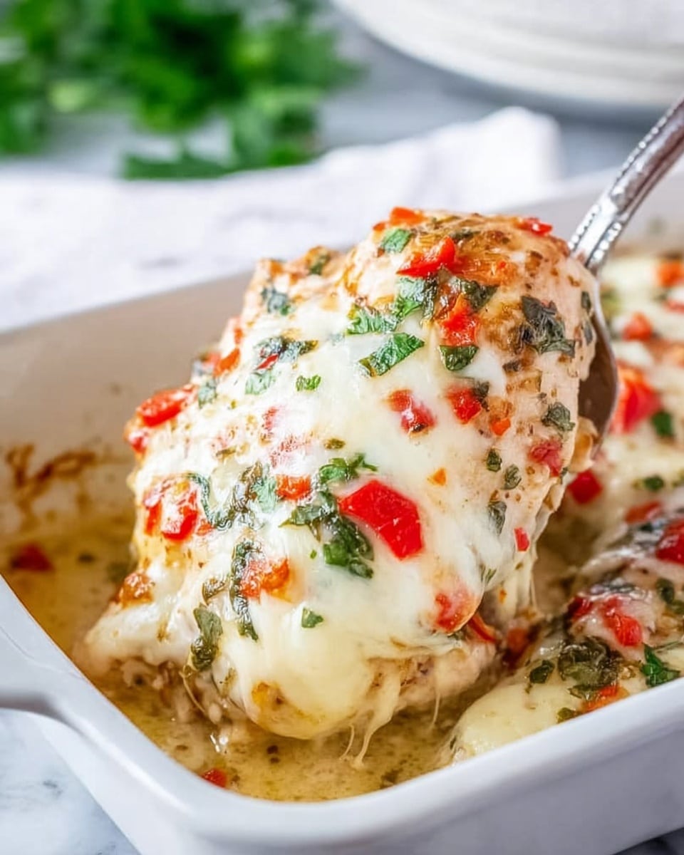 A piece of baked chicken covered with a thick layer of melted white cheese mixed with small red pepper pieces and chopped green herbs, sitting in a white rectangular dish; the chicken is light golden and juicy underneath the cheese, with the herbs sprinkled on top adding green color and freshness, a silver spatula is lifting the chicken piece slightly, and the dish rests on a white marbled surface. photo taken with an iphone --ar 4:5 --v 7