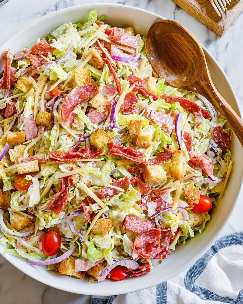 A large white bowl filled with a mix of shredded light green lettuce and cabbage as the base layer, topped with thin strips of red pepperoni and salami, pale pink slices of ham, and scattered small light yellow cheese sticks. Visible on top are small golden croutons with a crunchy texture, along with pieces of bright red cherry tomatoes and bits of purple onion. The whole salad has a light creamy dressing, giving a slight shine to the ingredients. A wooden spoon rests inside the bowl on the right edge, and the bowl sits on a white marbled surface with a striped white and blue cloth nearby. Photo taken with an iphone --ar 4:5 --v 7