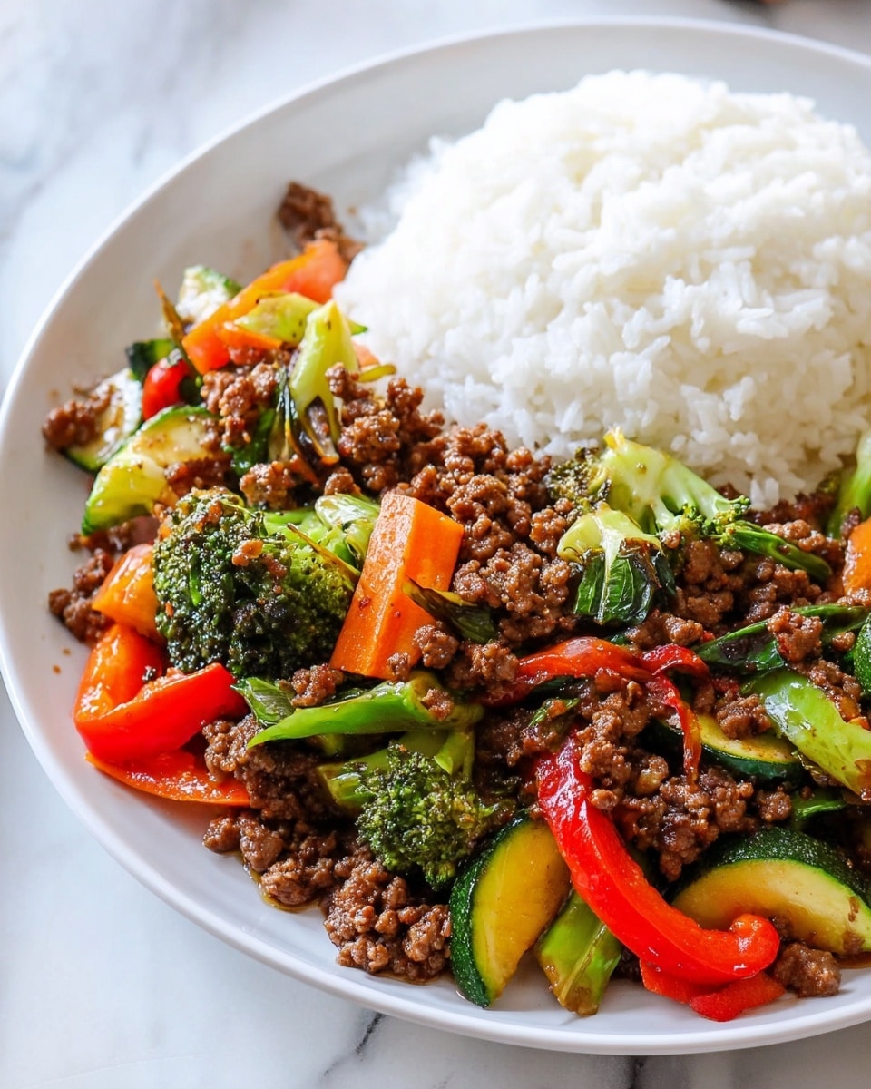 A white plate holds two main layers of food on a white marbled surface: the left side has a pile of soft, white rice with a fluffy texture, and the right side is filled with a colorful stir-fry mix. The stir-fry layer shows ground brown meat, bright green broccoli florets, shiny red bell pepper pieces, and sliced green zucchini with golden-brown sautéed edges, all mixed with thin orange carrot strips. The textures contrast with the tender vegetables and chunky meat, creating a balanced and vibrant dish. Photo taken with an iphone --ar 4:5 --v 7