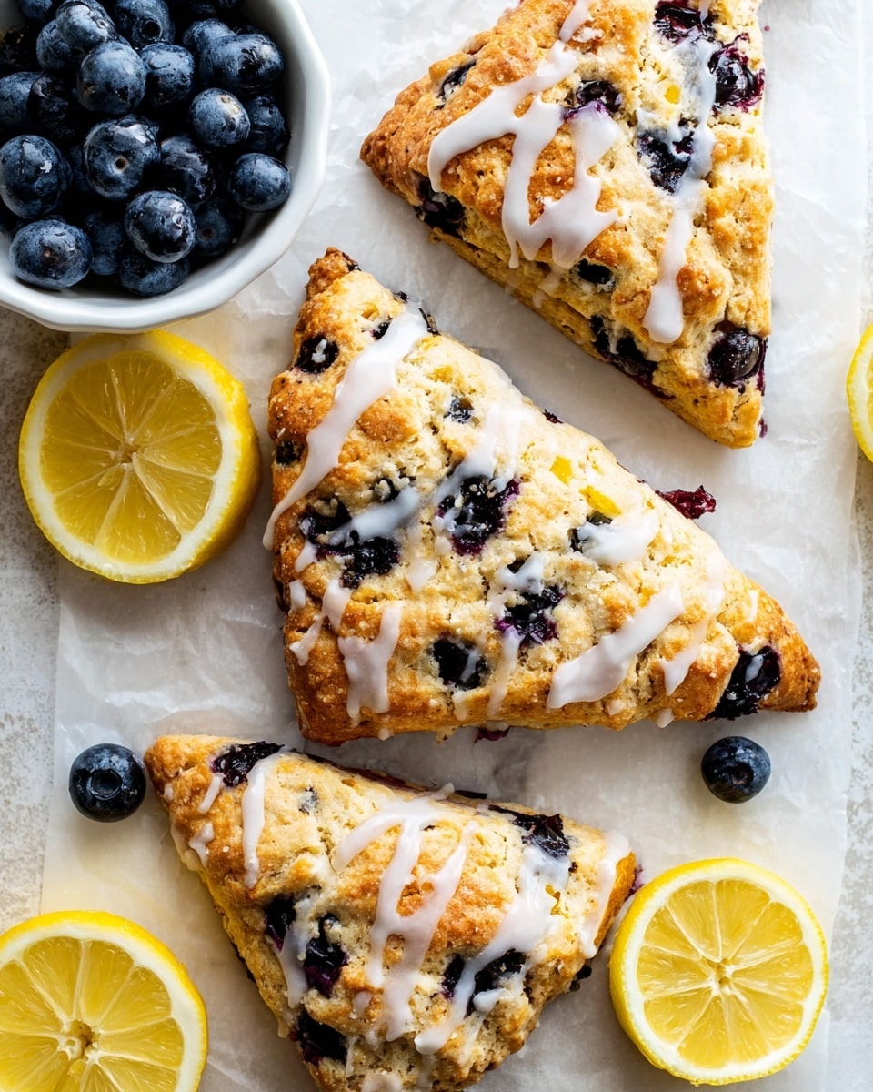 The image shows three golden brown triangular scones with a rough texture, dotted with deep purple blueberries inside and on top. The scones are drizzled with a shiny white glaze in thin, crisscross patterns. Around the scones are bright yellow lemon halves with clear segments, and a white bowl filled with plump, dark blue blueberries. The items are placed on crinkled white parchment paper on a white marbled surface, enhancing the fresh and homemade look. photo taken with an iphone --ar 4:5 --v 7