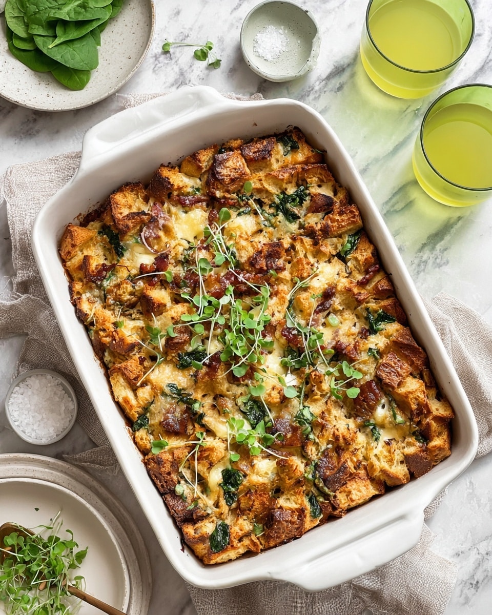 The image shows a baked dish in a white rectangular ceramic pan. The dish has multiple layers visible: the top layer consists of golden brown toasted bread cubes, some darker toasted spots creating texture. Mixed in are bits of cooked greens and melted cheese with a slightly browned surface. Small green microgreens are sprinkled on top adding fresh color. The pan is placed on a white marbled texture surface alongside two green glasses filled with a light beverage and a white plate with chopped chives, adding more green tones to the scene. photo taken with an iphone --ar 4:5 --v 7