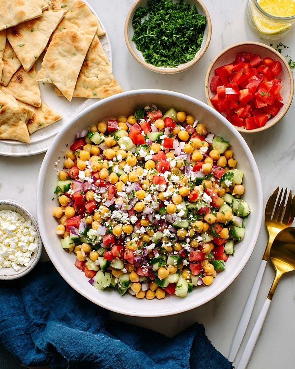 A white bowl filled with a colorful chickpea salad is the main focus, featuring three visible layers: creamy chickpeas as the base, topped with small cubes of red tomato and green cucumber, and sprinkled with crumbled white cheese and chopped herbs, all mixed together. Around the bowl, there are small white bowls with finely diced red peppers and extra crumbled cheese, and a white plate holding triangular toasted pita pieces on a white marbled surface. There is also a clear glass with water and a lemon wedge visible on the right side, with gold and white forks resting on a blue cloth near the bottom right. photo taken with an iphone --ar 4:5 --v 7