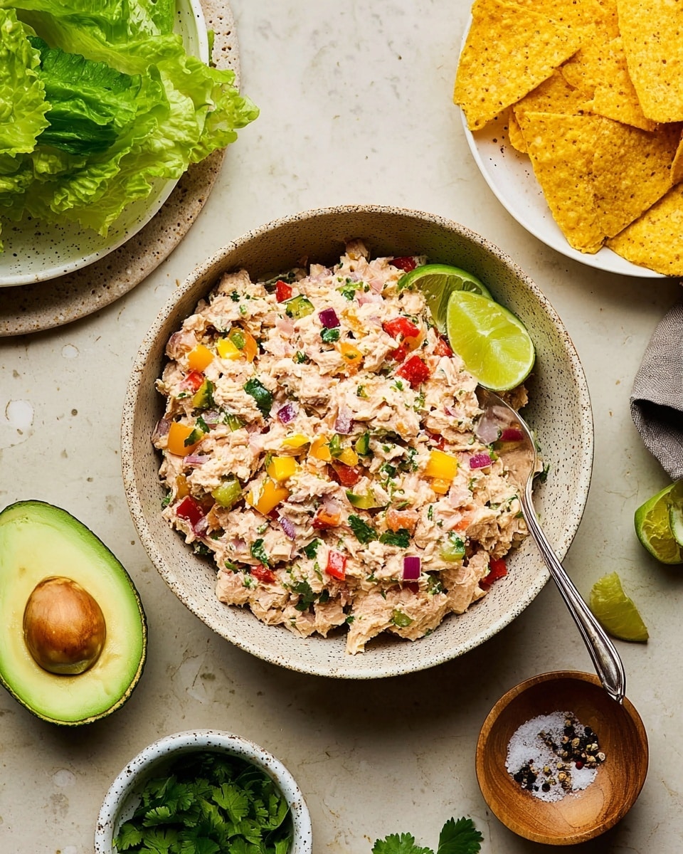 A white speckled bowl filled with a chunky mixed salad made of finely chopped red and yellow bell peppers, red onions, green herbs, and a creamy light beige base, garnished with a small green lime wedge on top. A metal spoon rests inside the bowl on the left side. Around the bowl, on a white marbled surface, are scattered tortilla chips in a white bowl, green lettuce leaves in a white bowl, fresh green cilantro in a wooden bowl, lime wedges in a small white bowl, a halved avocado with a visible pit, and a small wooden bowl of salt and pepper. The colors are vibrant and fresh with a natural and rustic feel. photo taken with an iphone --ar 4:5 --v 7