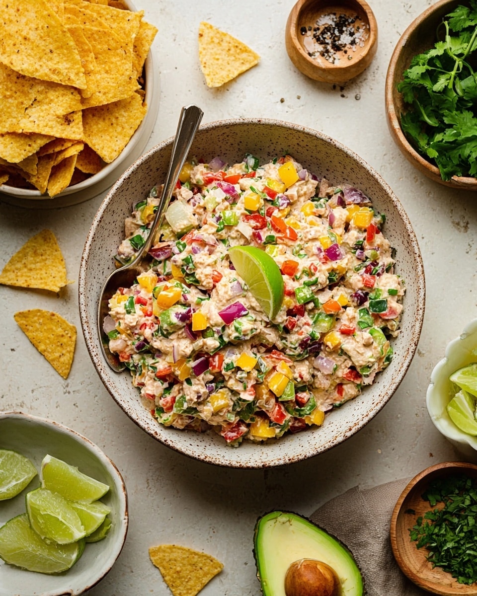 A large white speckled bowl holds a chunky mixture of light pinkish-beige tuna salad mixed with finely chopped red and yellow peppers, red onion, and green herbs, topped with a small lime wedge on the right side. A metal spoon rests inside the bowl on the left side. Surrounding this bowl on a white marbled surface are fresh green butter lettuce on a white speckled plate at the top left, a white bowl filled with yellow tortilla chips on the top right, half an avocado with the pit showing and the other half next to it on the bottom right, a small bowl of fresh green cilantro leaves in the bottom center, a small bowl with lime slices on the bottom left, and a small wooden bowl with coarse salt and black pepper on the right side. photo taken with an iphone --ar 4:5 --v 7