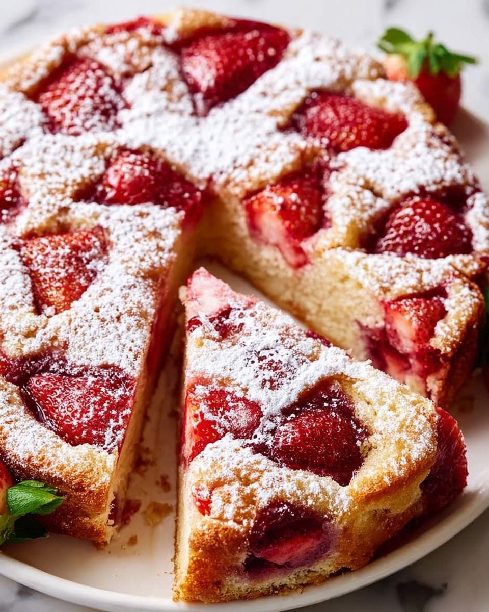 A white plate holds a round strawberry cake cut into six slices. The cake has two layers: the bottom layer is light golden brown and soft, while the top layer is filled with bright red strawberry halves embedded in the cake batter, creating a bumpy texture. The strawberries are covered with a thin layer of powdered white sugar dusted evenly over the top, adding a snowy effect. The plate is set on a white marbled surface. photo taken with an iphone --ar 4:5 --v 7