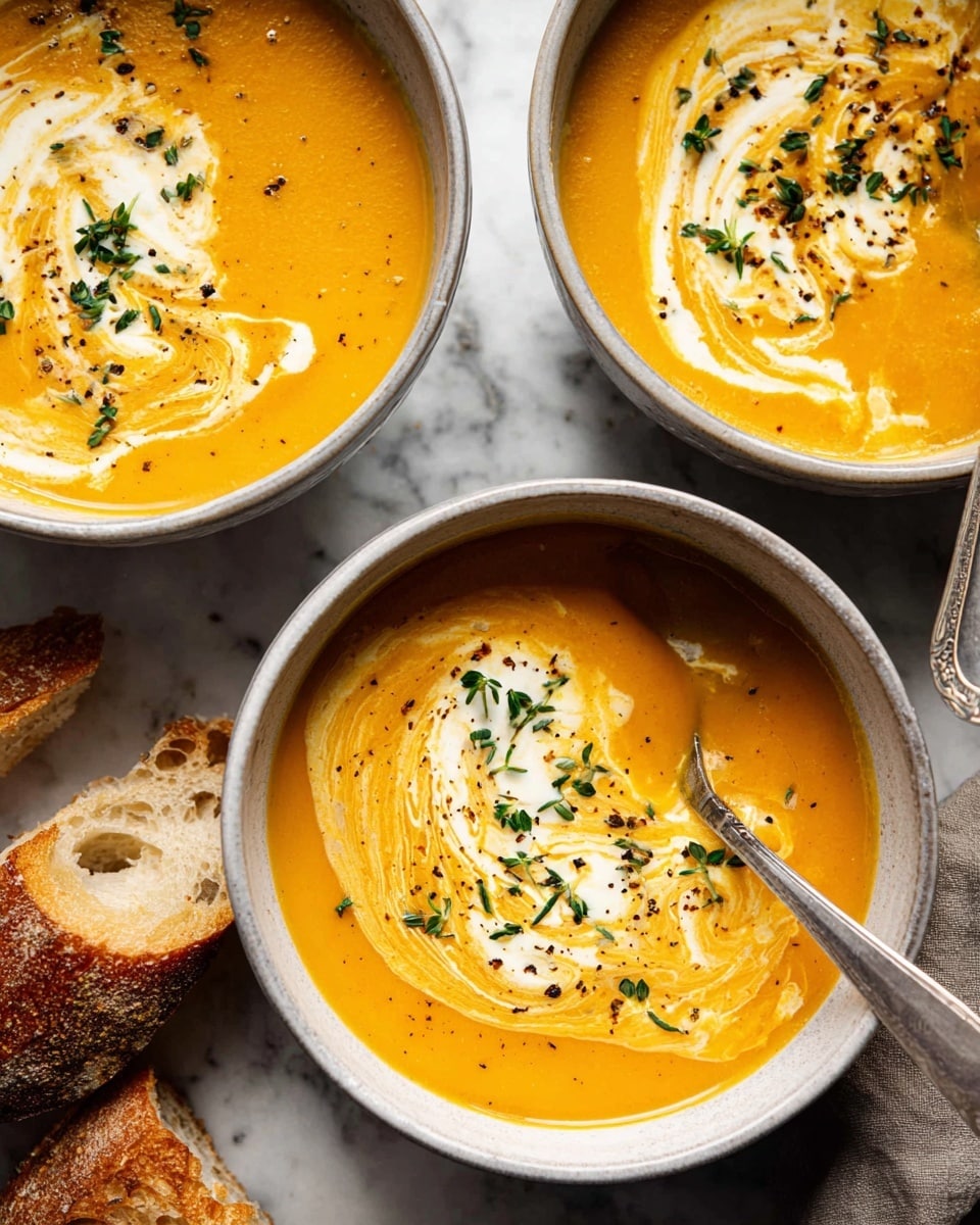 Three bowls of creamy orange soup are shown from above, each bowl made of grey ceramic. The soup has a thick texture and is topped with a swirl of white cream that spreads unevenly across the surface. Small green herb pieces and finely ground black pepper and red seasoning are sprinkled on the cream, adding specks of color. Each bowl has a silver spoon, some partially submerged in the soup. Around the bowls, there are pieces of torn bread with a golden-brown crust and a soft, light inside, all resting on a white marbled surface. Photo taken with an iphone --ar 4:5 --v 7