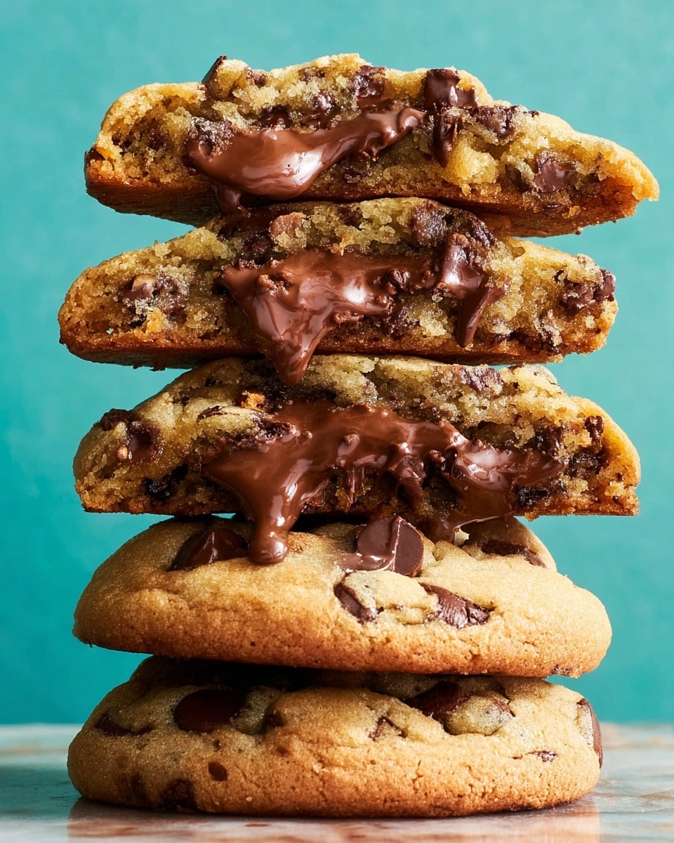 A close-up view of a stack of five chocolate chip cookies against a light turquoise background, placed on a white marbled surface. The stack has three whole cookies at the bottom, golden brown with dark chocolate chips visible on their slightly textured surfaces. Above these, two broken cookie halves rest, revealing a moist, crumbly inside filled with melted dark chocolate that oozes and drips down in glossy, smooth streams. The edges of the cookies are slightly crispy, showing a contrast between the chewy inside and firmer exterior. Photo taken with an iphone --ar 4:5 --v 7