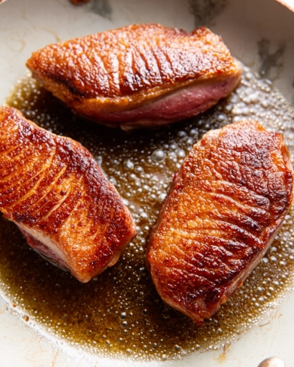 A close-up view of three rectangular pieces of cooked duck breast with a crispy, golden-brown, textured skin layer on top, slightly curved and resting in a shallow pool of dark, glossy oil within a white pan. The rich brown meat layer beneath the skin appears juicy and tender with visible grill marks and a slight sear. The background is a white marbled texture, with a slight sheen reflecting light around the edges of the pan. photo taken with an iphone --ar 4:5 --v 7
