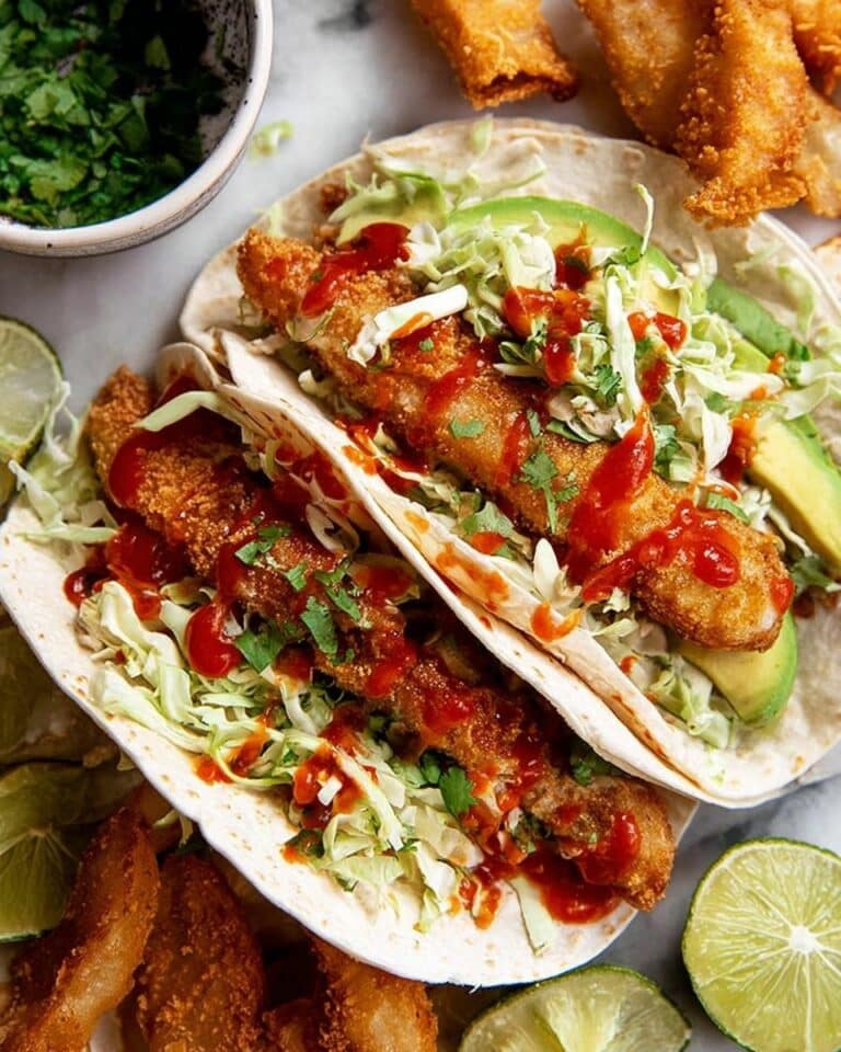 Crunchy Baked Chicken Taco Fingers with Avocado and Sriracha Drizzle Recipe