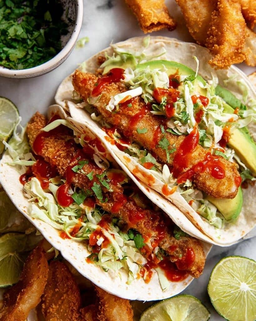Crunchy Baked Chicken Taco Fingers with Avocado and Sriracha Drizzle Recipe