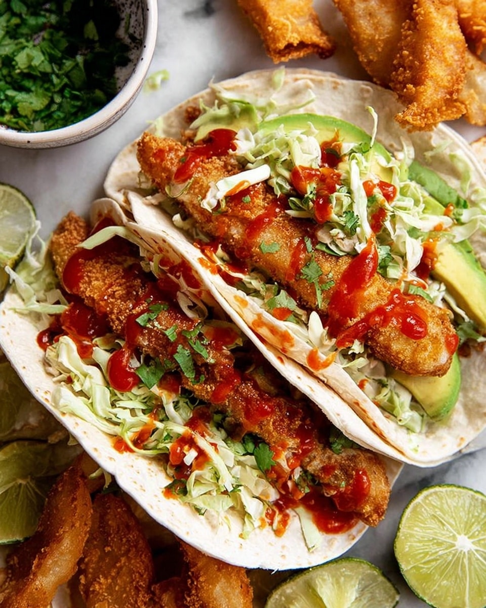 Two soft white tortillas, each filled with a crispy golden-brown fried fish fillet on top, are layered on a white marbled surface. Underneath the fish, there is a layer of fresh light green avocado slices, followed by shredded pale green cabbage adding texture. Bright green chopped cilantro is sprinkled on top along with a drizzle of vibrant red sauce. Several lime wedges, some cut and some whole, are placed near the tacos. A small white bowl with chopped cilantro sits next to the tacos, adding a fresh contrast. Photo taken with an iphone --ar 4:5 --v 7