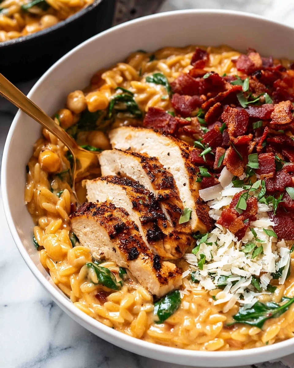 A bowl filled with creamy orange orzo pasta mixed with chickpeas and green spinach leaves. On top, several slices of grilled chicken breast with a golden-brown, slightly charred crust are arranged. Small pieces of crispy red bacon or chorizo bits are scattered over the chicken and pasta, along with a light sprinkle of grated white cheese and small green herb leaves. A gold spoon is partially placed inside the bowl, scooping some of the orzo. The bowl is white and placed on a surface with a white marbled texture. photo taken with an iphone --ar 4:5 --v 7