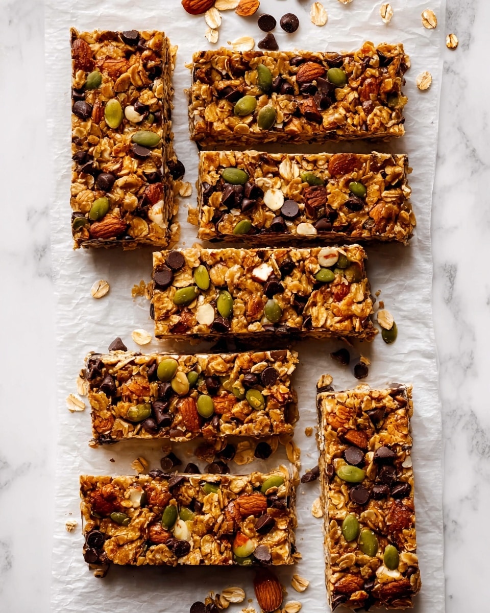 Six rectangular granola bars are arranged on a white marbled texture, each bar showing a dense mix of ingredients in one visible layer. The bars have a golden-brown base made of oats and nuts with visible large almond pieces, green pumpkin seeds, and dark dried fruit embedded throughout. Small, round dark chocolate chips are scattered across the tops, adding a rich, smooth texture, while some crumbs and seeds lie around the bars on the surface. The overall look is crunchy and wholesome, with crisp edges and a natural, hearty color mix. photo taken with an iphone --ar 4:5 --v 7