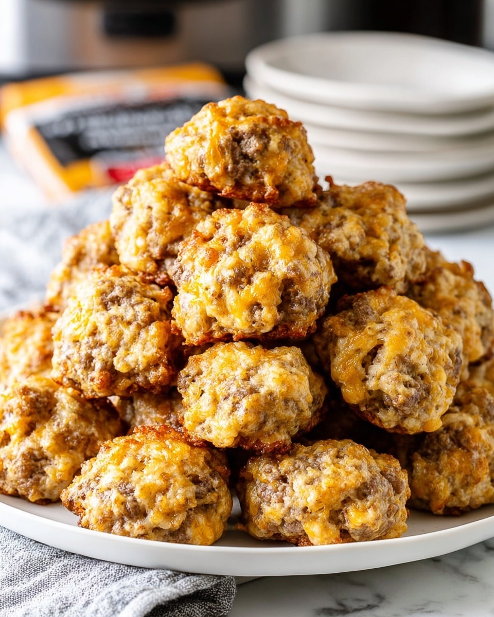 A large pile of small, round, golden-brown sausage balls sits stacked high on a white plate. Each ball has a rough, textured surface with visible bits of cheese and sausage mixed in, creating a speckled look of light orange and darker brown spots. The plate is placed on a surface with a white marbled texture, and the background includes blurred kitchen items like a metal spatula and a kitchen towel with blue stripes. The lighting highlights the crispy edges and crumbly texture of the sausage balls, making them look warm and fresh. photo taken with an iphone --ar 4:5 --v 7