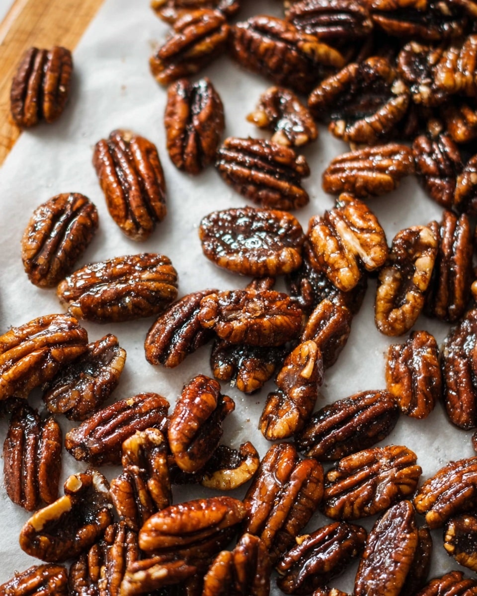 The image shows a single layer of roasted pecans spread over a slightly crumpled white parchment paper, which rests on a wooden surface. The pecans are shiny, with a rich brown color varying from light to dark, highlighting their glossy, caramelized texture. Each pecan is whole or in large halves, showing the natural ridges and curves clearly. The white marbled texture is visible softly in the background beyond the wooden surface edges. photo taken with an iphone --ar 4:5 --v 7