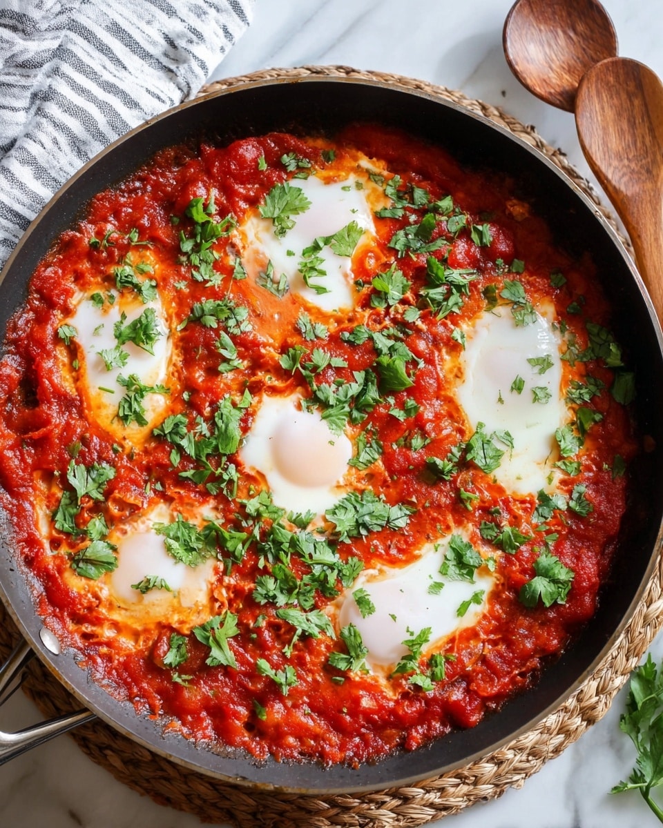 A close-up of a black skillet filled with a rich, chunky red tomato sauce base layered thickly and cooked to a slightly bubbly finish. Within the sauce are five white, smooth-cooked eggs nestled evenly across the skillet, their yolks slightly covered but visible through the whites. The dish is topped with bright green chopped fresh herbs scattered freely over the eggs and sauce, adding a fresh contrast to the vibrant red. The skillet sits on a natural woven trivet, all placed on a white marbled texture surface with a striped blue and white cloth partially visible on the side. Photo taken with an iphone --ar 4:5 --v 7