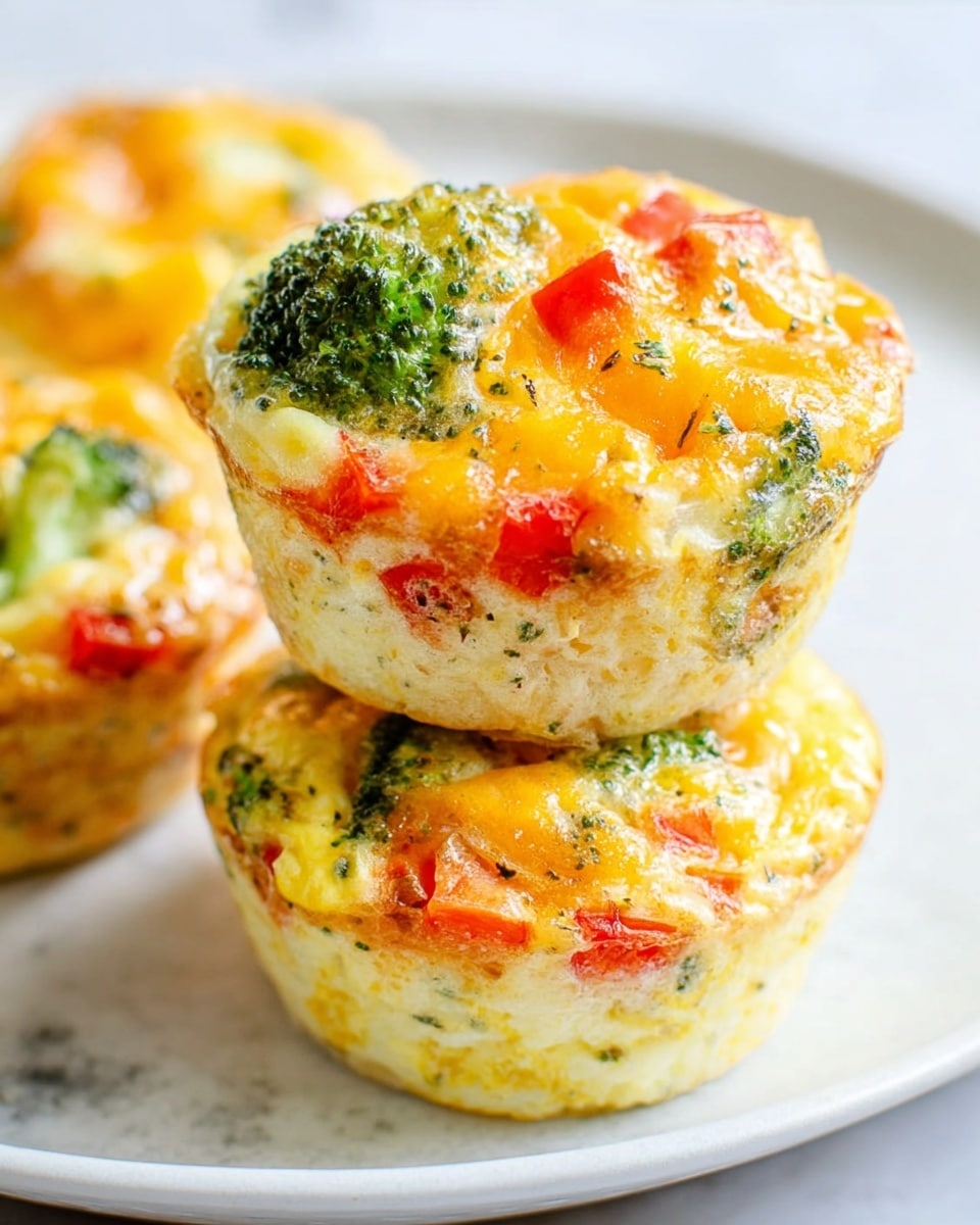 The image shows three small egg muffins stacked on a white plate with a white marbled surface beneath. Each muffin has light golden-brown sides with a fluffy texture, and the top layers are mixed yellow and orange with melted cheese, small bright green broccoli pieces, and red bell pepper chunks. The muffins have a rough, slightly crispy outer texture and soft, moist inner layers with visible vegetable bits spread throughout. Photo taken with an iphone --ar 4:5 --v 7